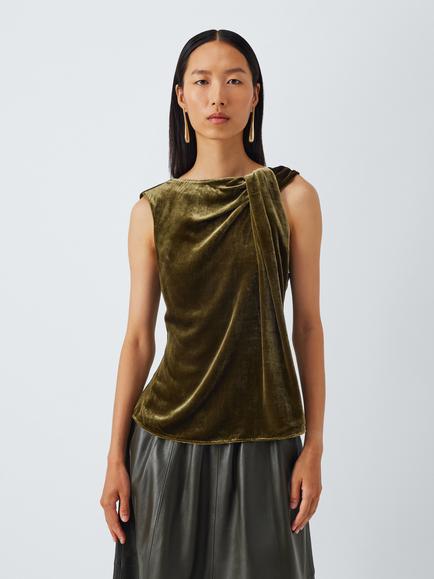 John Lewis Twist Detail Sleeveless Velvet Top, Olive, Olive