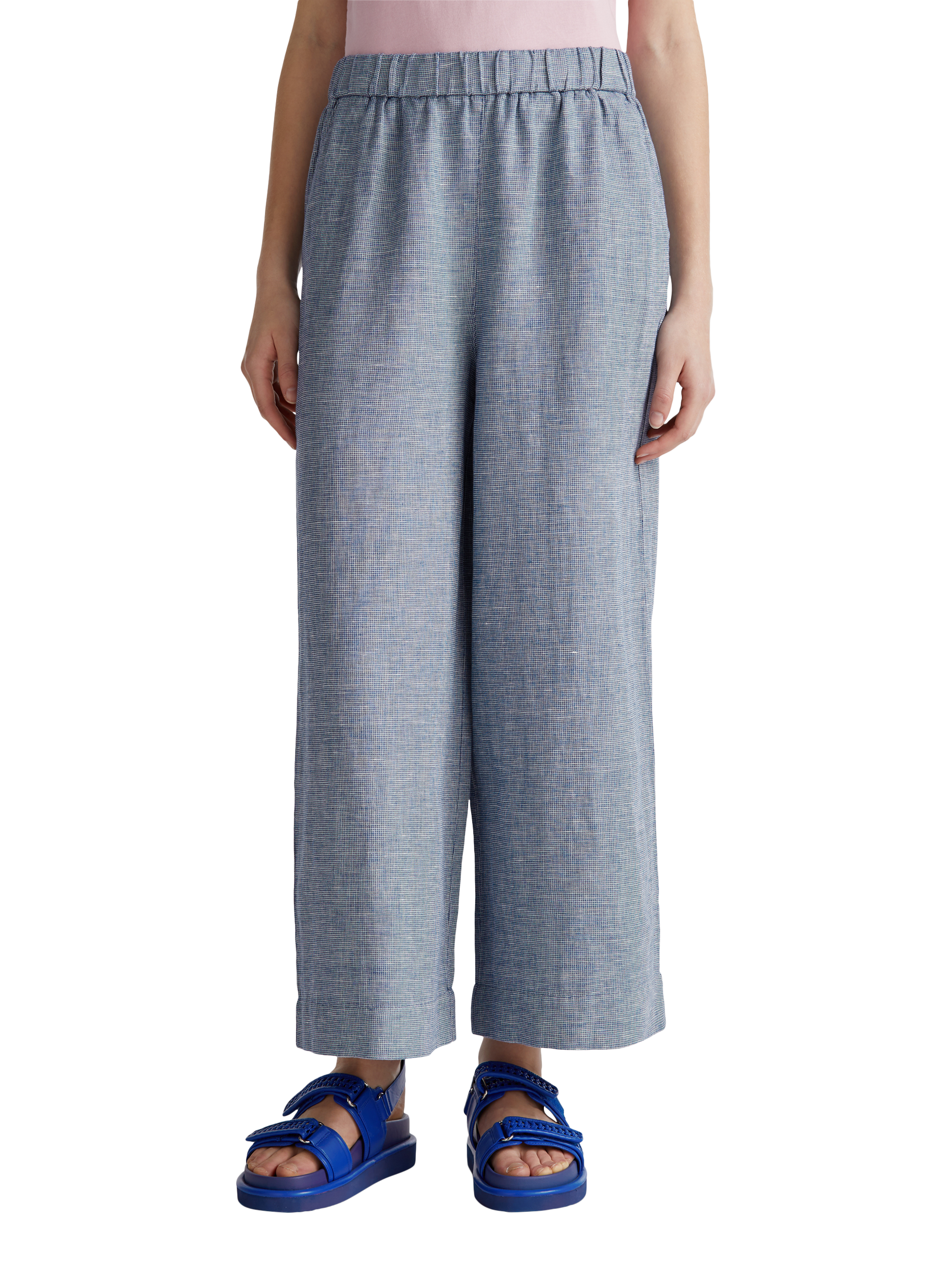 Product image 1 of 5, which shows Benetton Wide Leg Mid Cropped Linen Blend Trousers, Mid Blue, XS