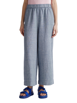 Benetton Wide Leg Mid Cropped Linen Blend Trousers, Mid Blue