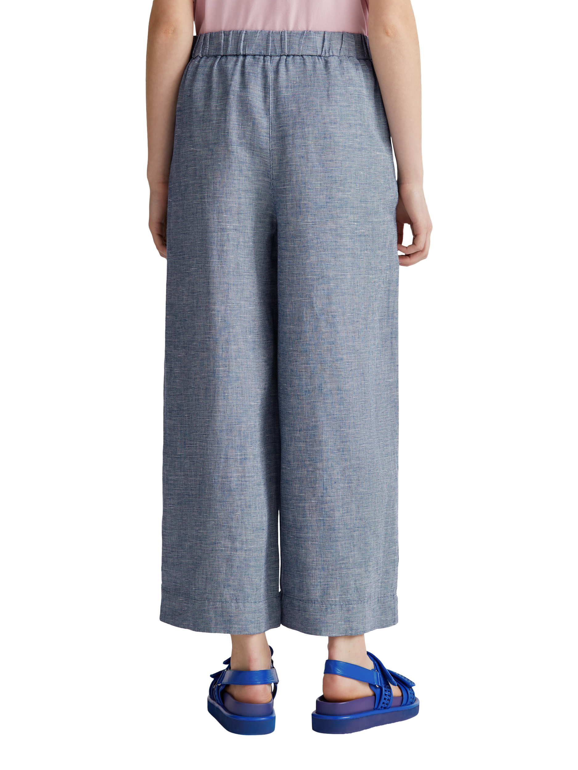Product image 2 of 5, which shows Benetton Wide Leg Mid Cropped Linen Blend Trousers, Mid Blue, XS