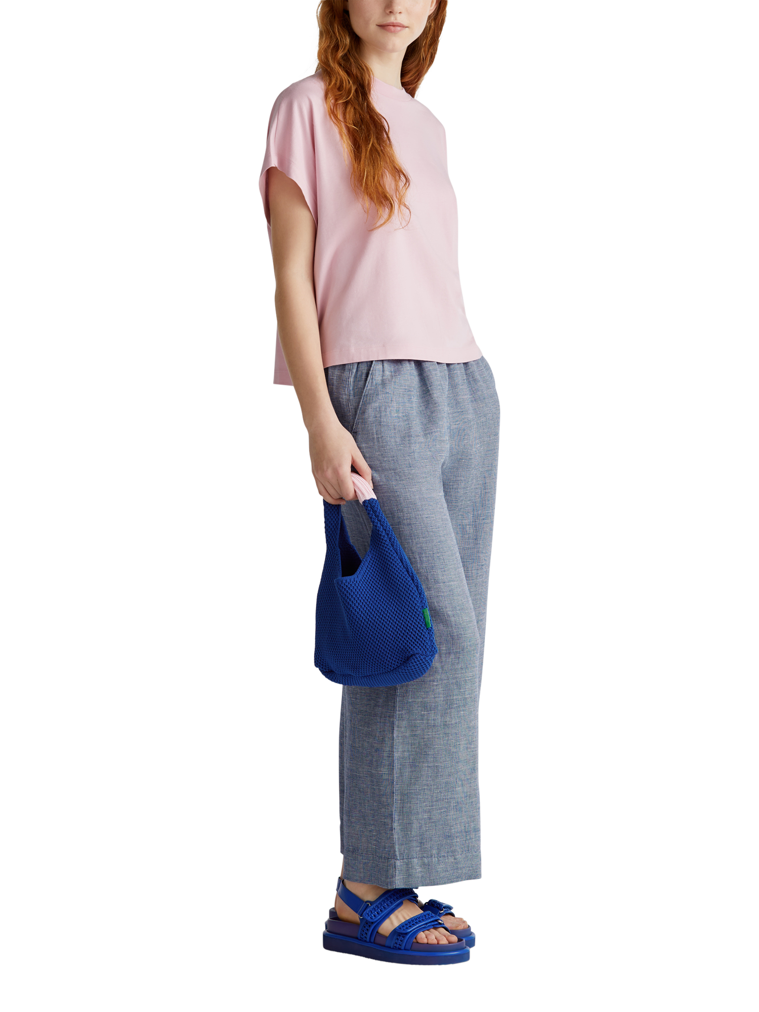 Product image 3 of 5, which shows Benetton Wide Leg Mid Cropped Linen Blend Trousers, Mid Blue, XS