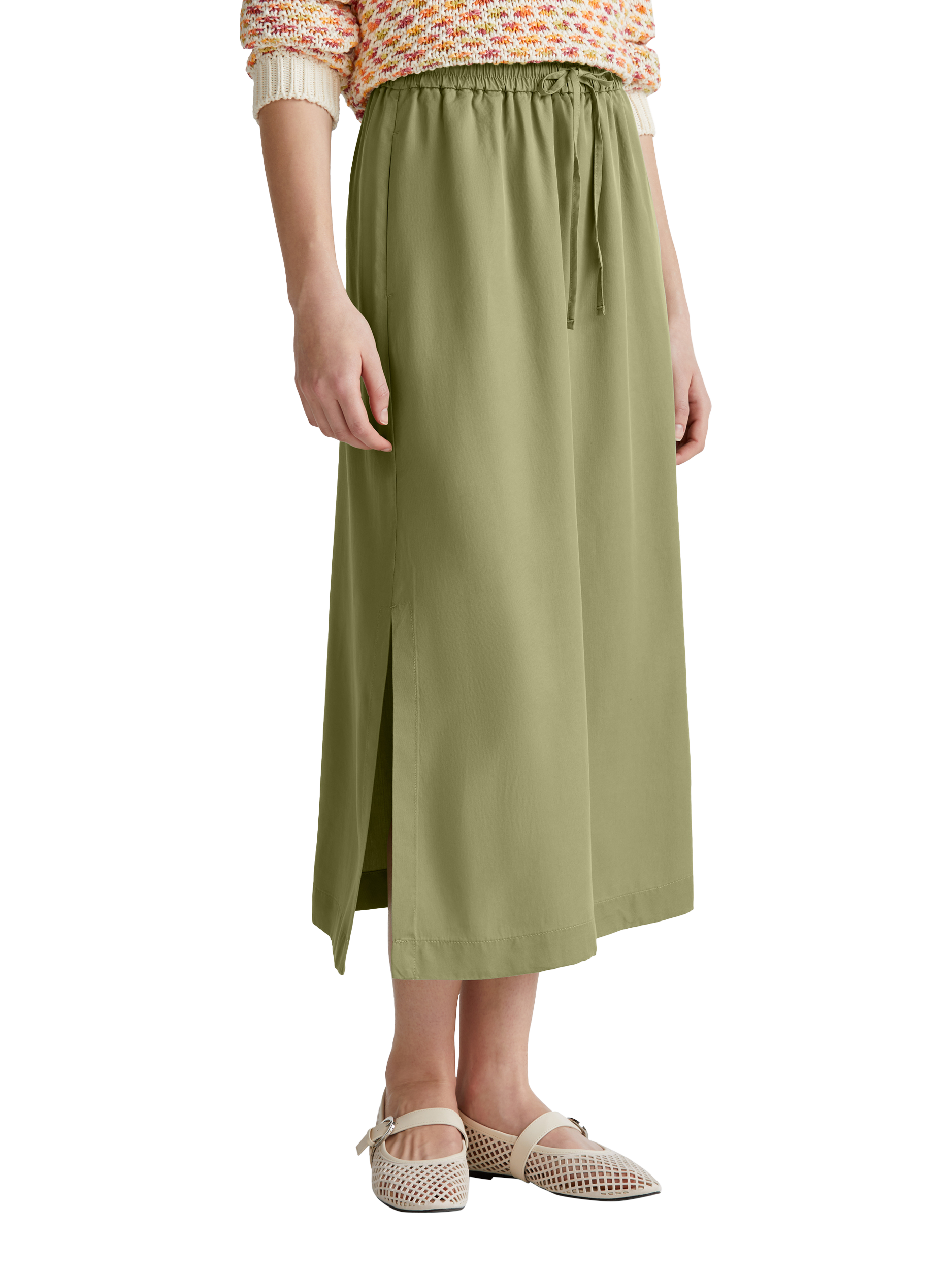 Product image 1 of 5, which shows Benetton Drawstring Waist Side Slit Midi Skirt, Mid Green, XS