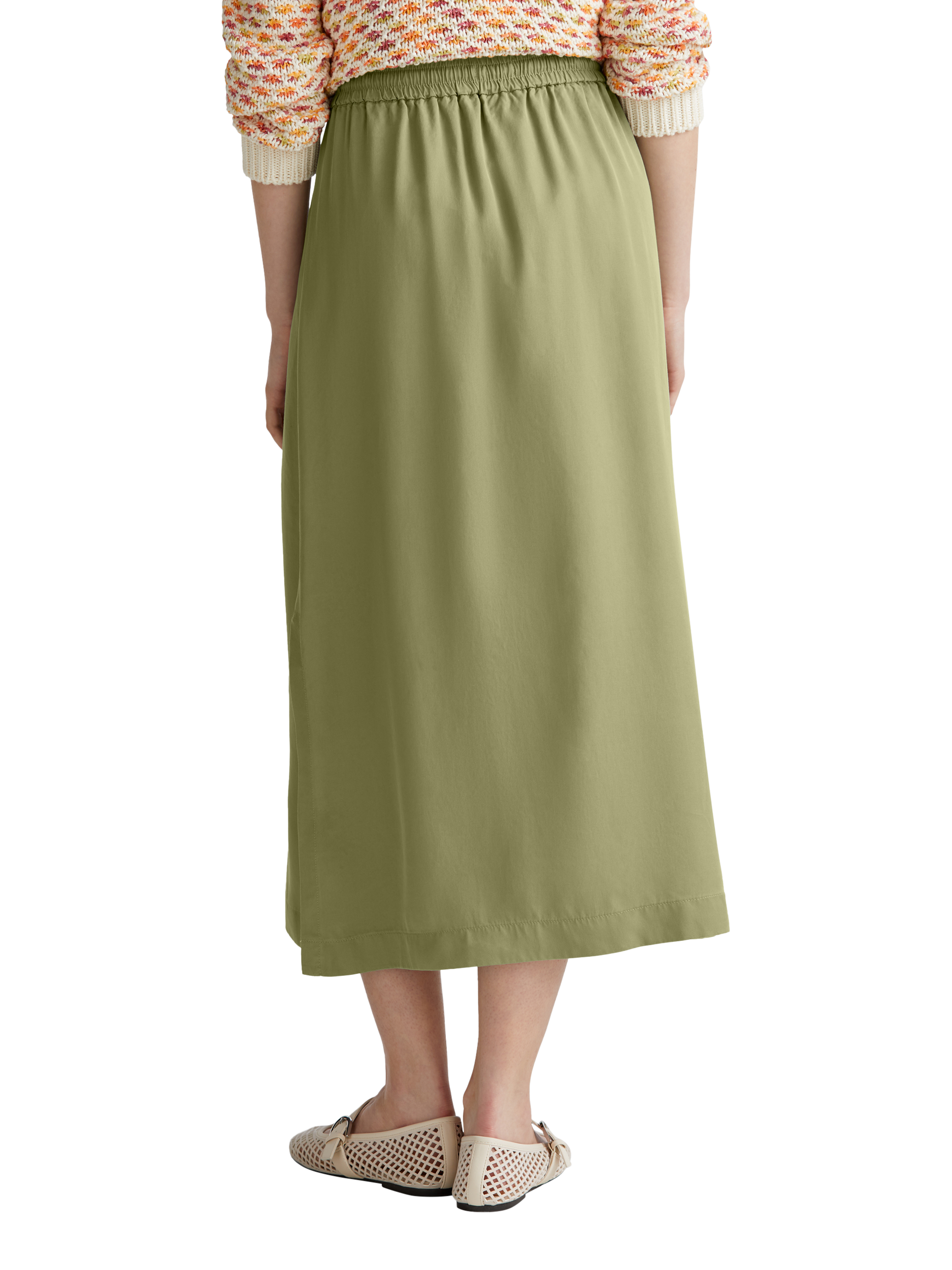 Product image 2 of 5, which shows Benetton Drawstring Waist Side Slit Midi Skirt, Mid Green, XS