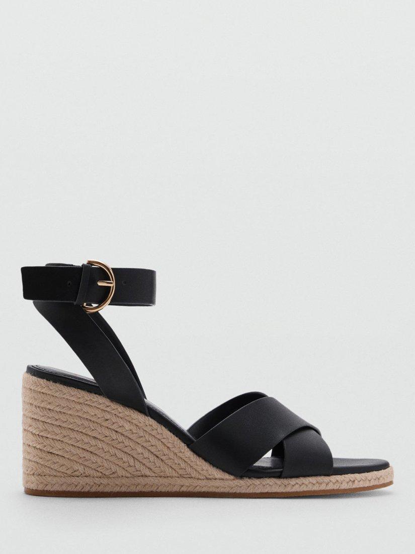 Product image 1 of 5, which shows Mango Pati Open Toe Cross Over Wedge Sandals, Black, 2
