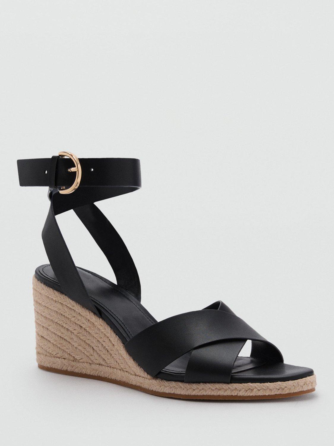Product image 2 of 5, which shows Mango Pati Open Toe Cross Over Wedge Sandals, Black, 2