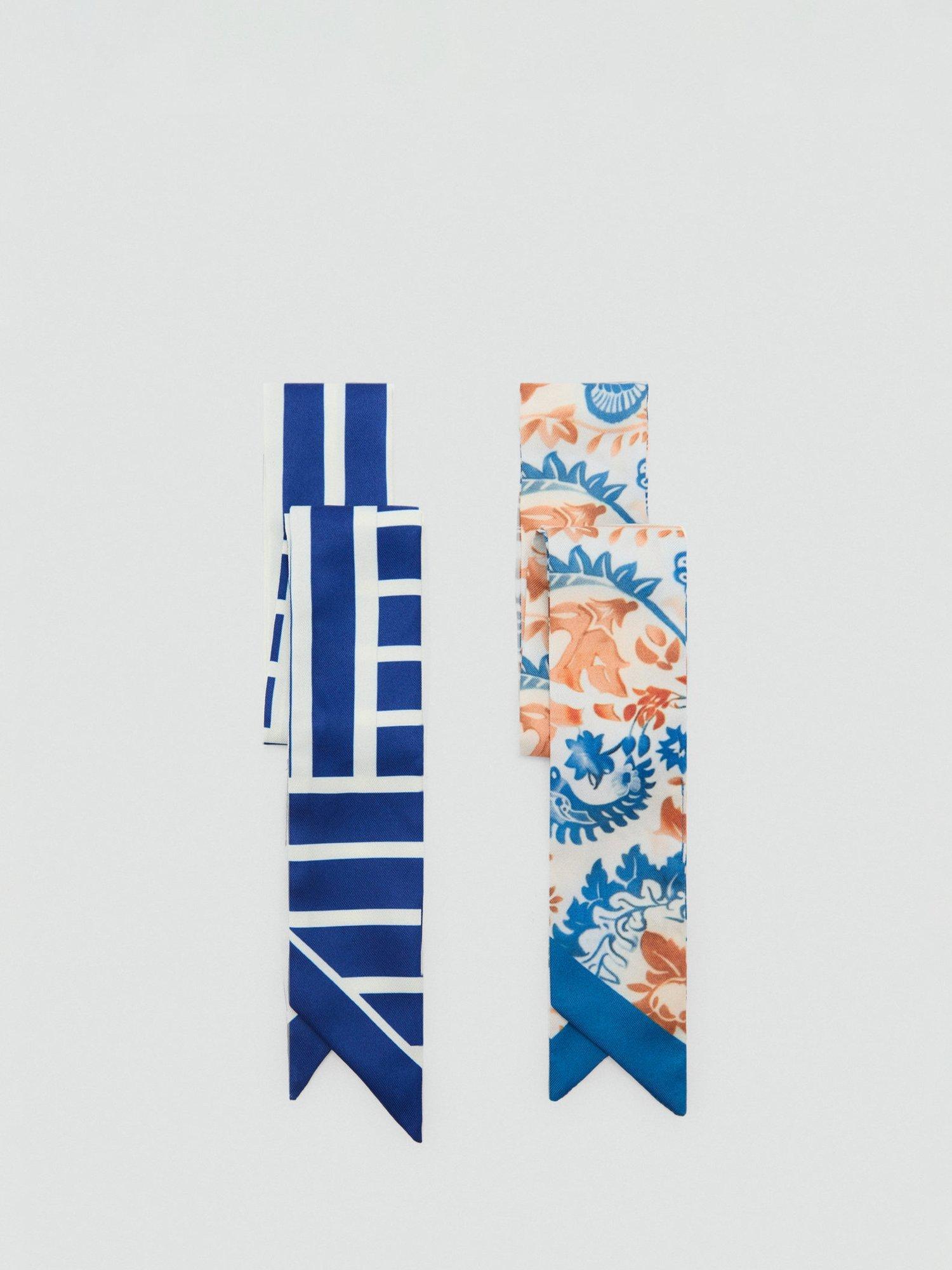 Mango Aitana Stripe/Floral Scarves, Set of 2, Blue/Multi
