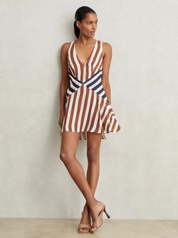 Reiss Esme Stripe V Neck Sleeveless Mini Dress, Brown/Navy
