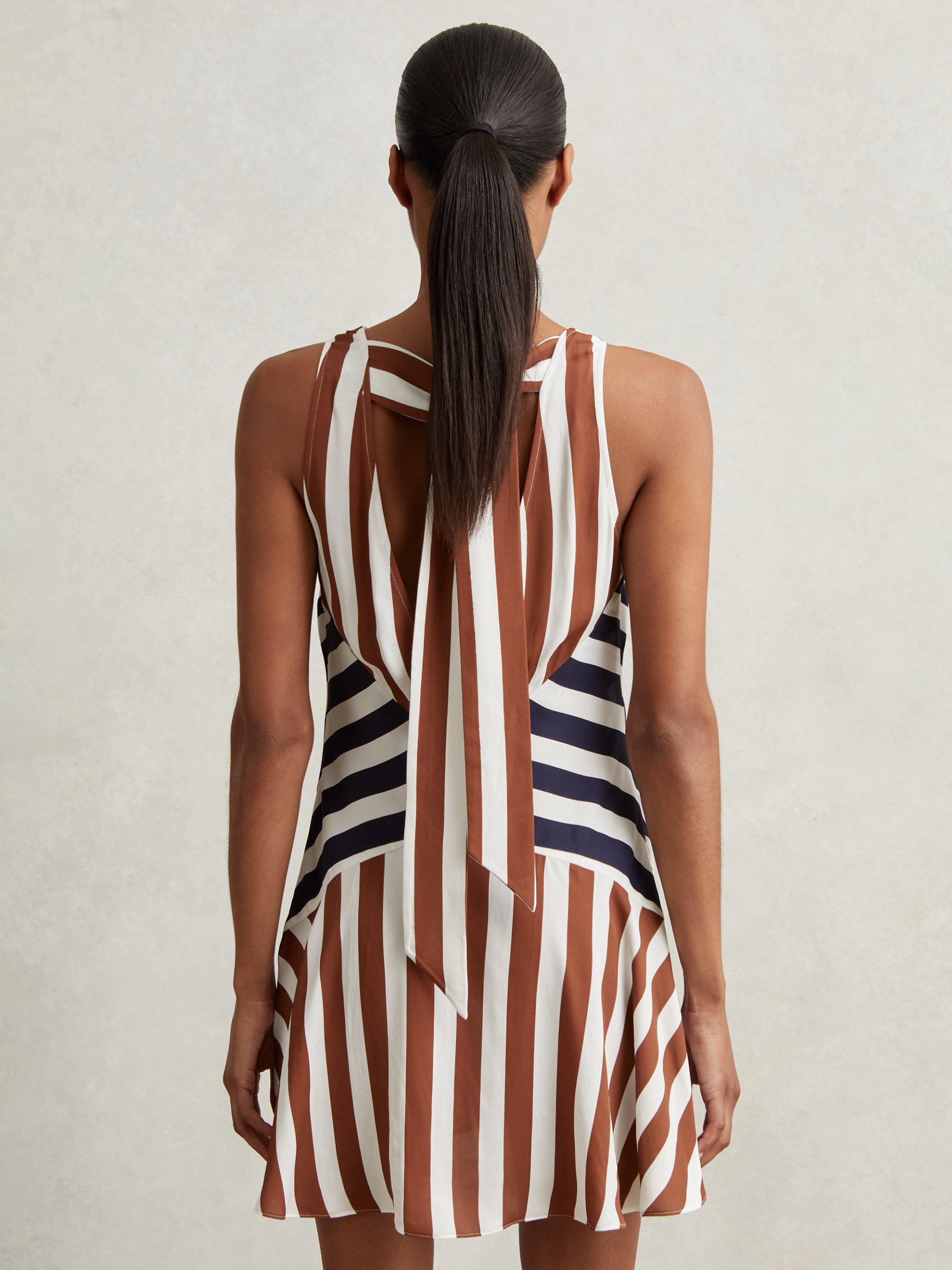 Product image 2 of 5, which shows Reiss Esme Stripe V Neck Sleeveless Mini Dress, Brown/Navy, 6