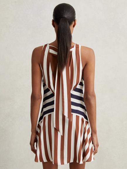 Reiss Esme Stripe V Neck Sleeveless Mini Dress - view 2, Brown/Navy