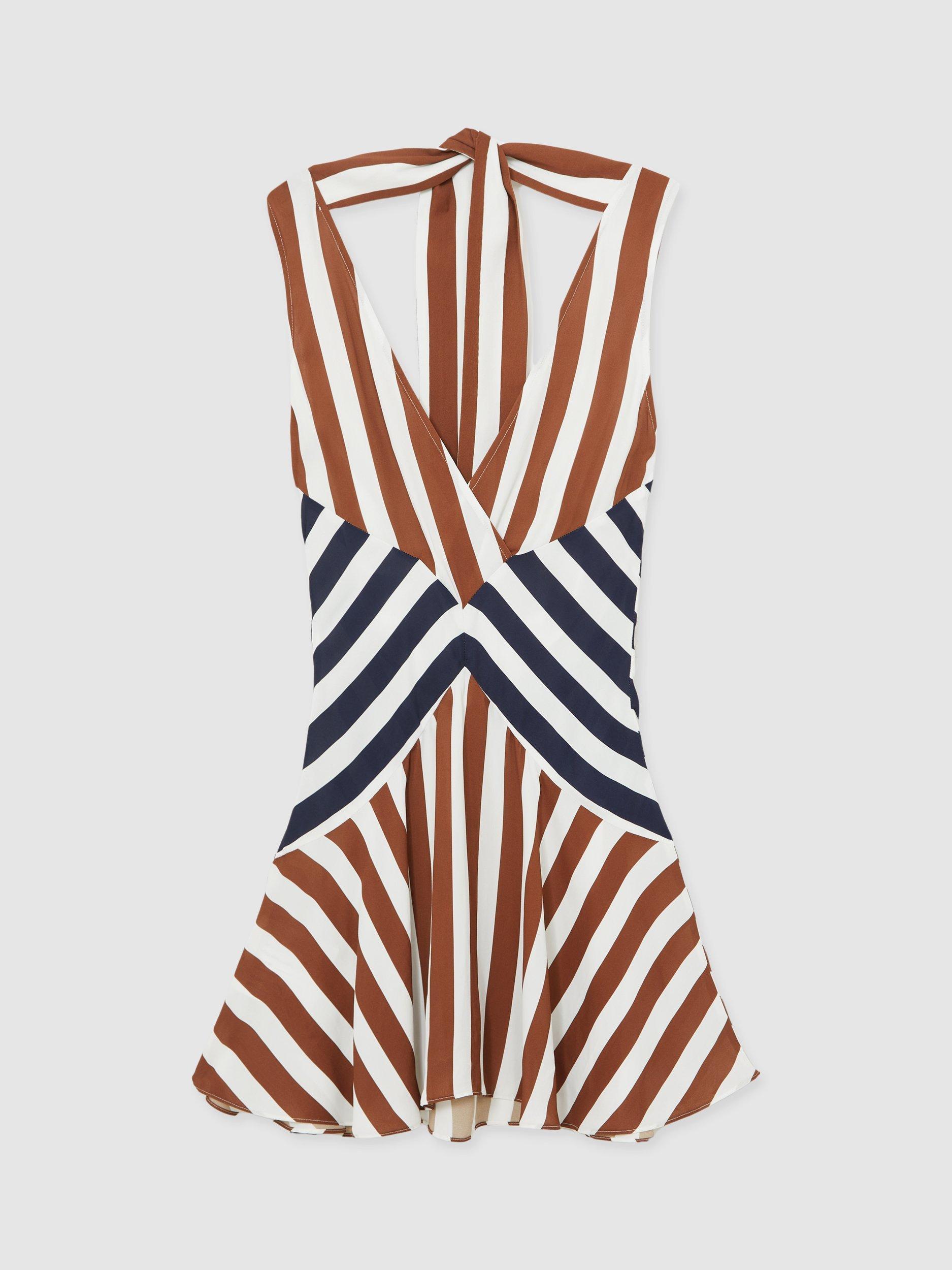 Product image 3 of 5, which shows Reiss Esme Stripe V Neck Sleeveless Mini Dress, Brown/Navy, 6