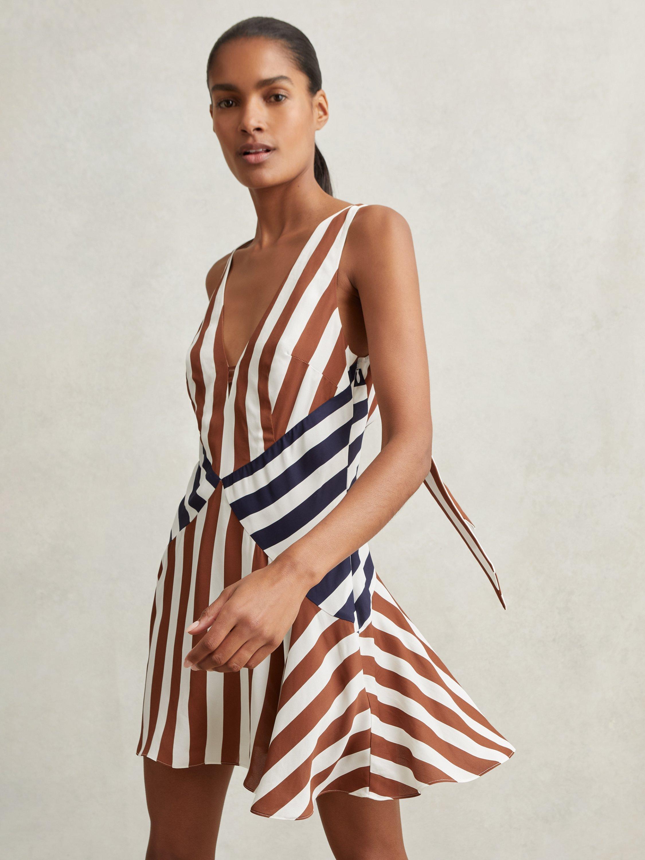 Product image 4 of 5, which shows Reiss Esme Stripe V Neck Sleeveless Mini Dress, Brown/Navy, 6