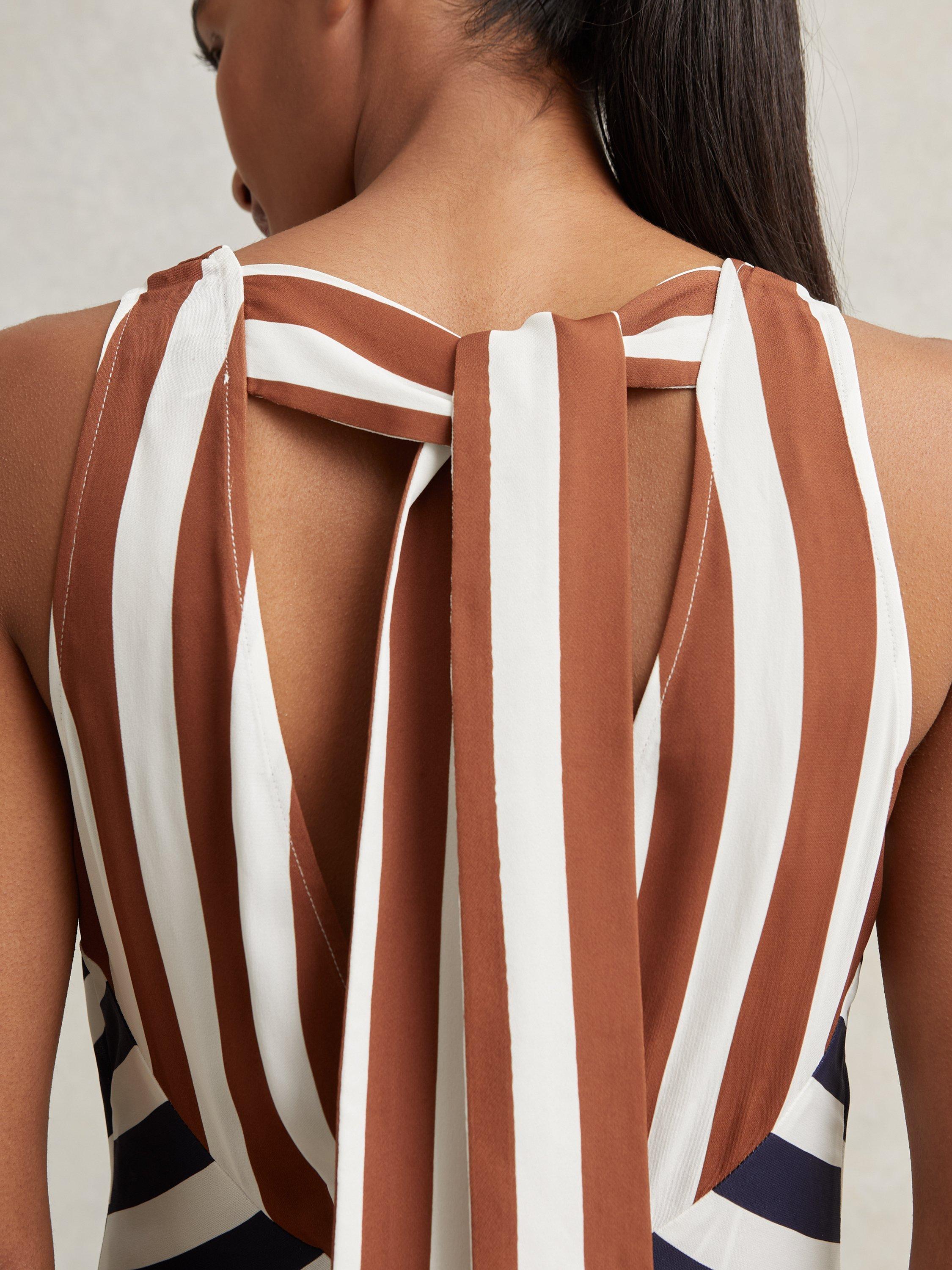 Product image 5 of 5, which shows Reiss Esme Stripe V Neck Sleeveless Mini Dress, Brown/Navy, 6