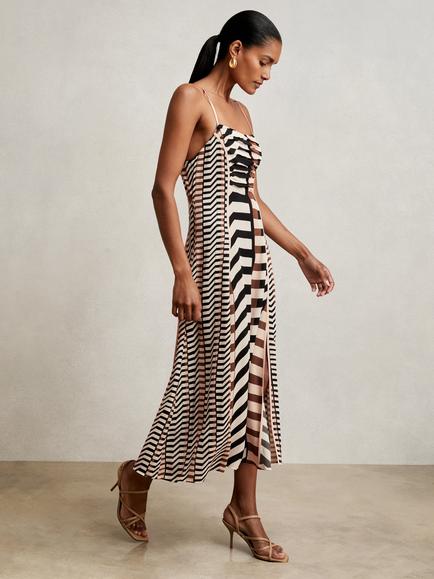 Reiss Georgie Mixed Print Midi Dress, Black/Brown, Black/Brown