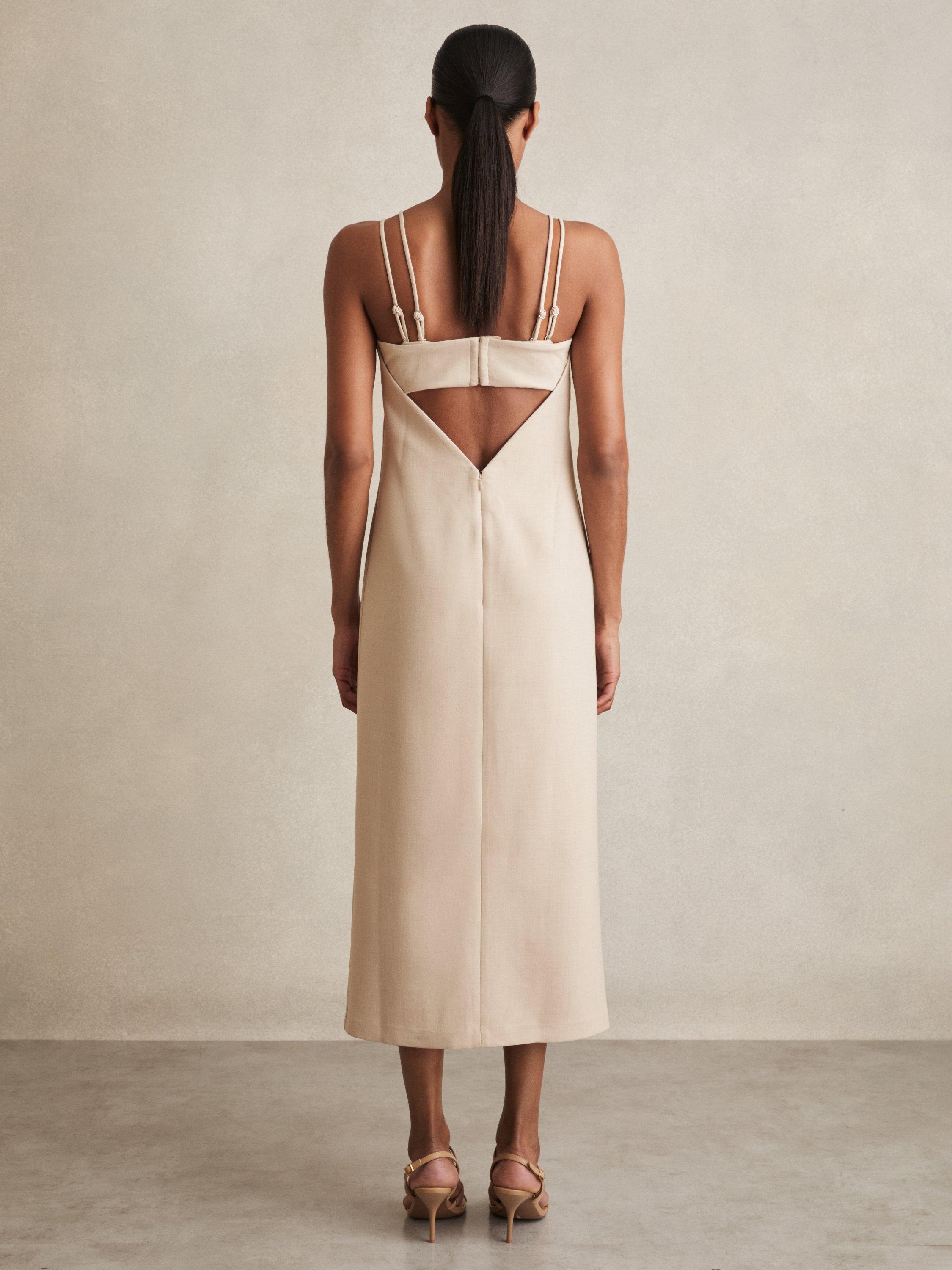 Product image 2 of 5, which shows Reiss Juni Double strap Cut Out Midi Dress, Stone Neutral, 6