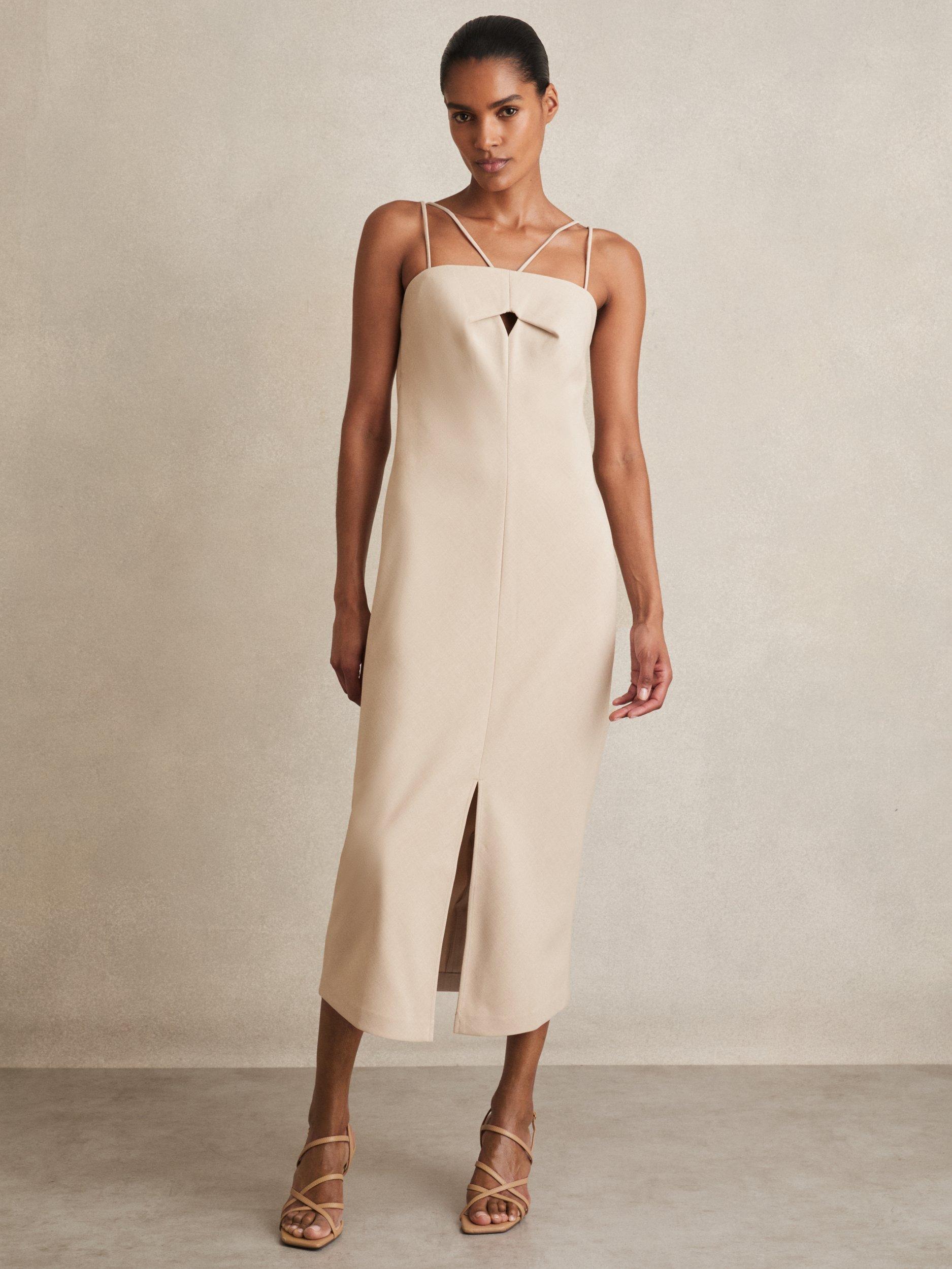 Product image 4 of 5, which shows Reiss Juni Double strap Cut Out Midi Dress, Stone Neutral, 6