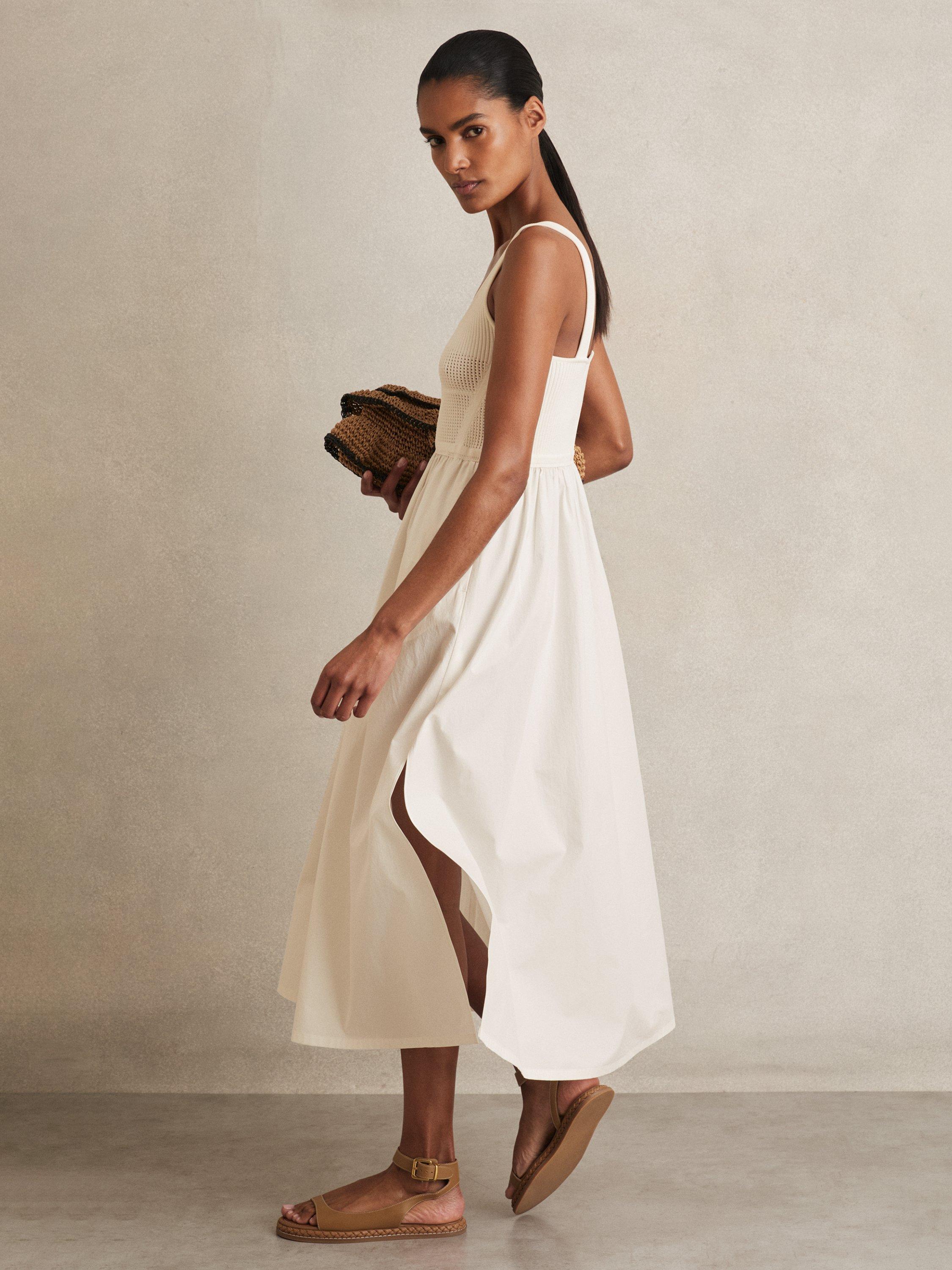 Product image 4 of 5, which shows Reiss Kori Perforated-Knit Cotton-Skirt Midi Dress, Ivory, 6