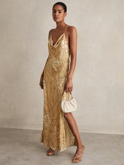 Reiss Rochelle Floral Slip Dress, Gold, Gold