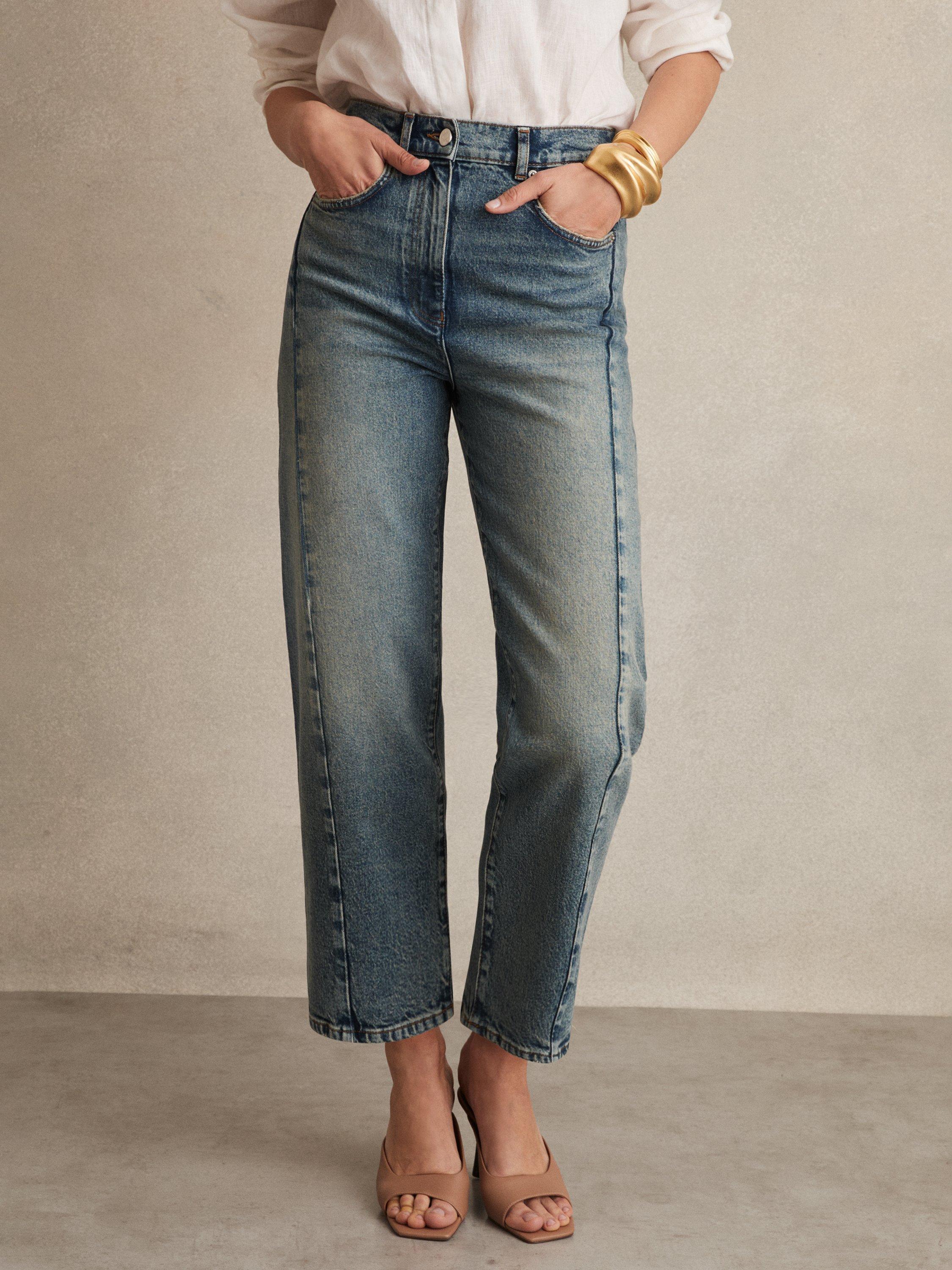 Product image 5 of 5, which shows Reiss Molly Barrel Leg Jeans, Mid Blue, 27R