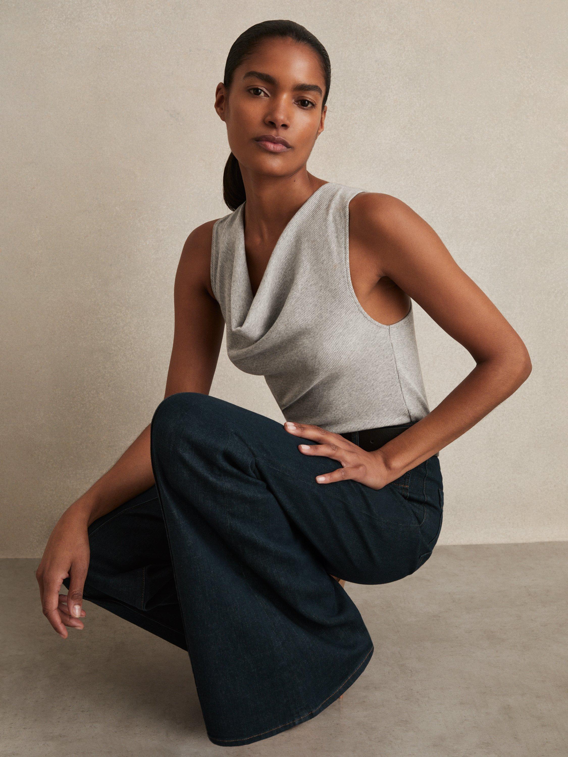 Product image 1 of 5, which shows Reiss Lyra Ribbed Cowl-Neck Vest, Grey Marl, XS