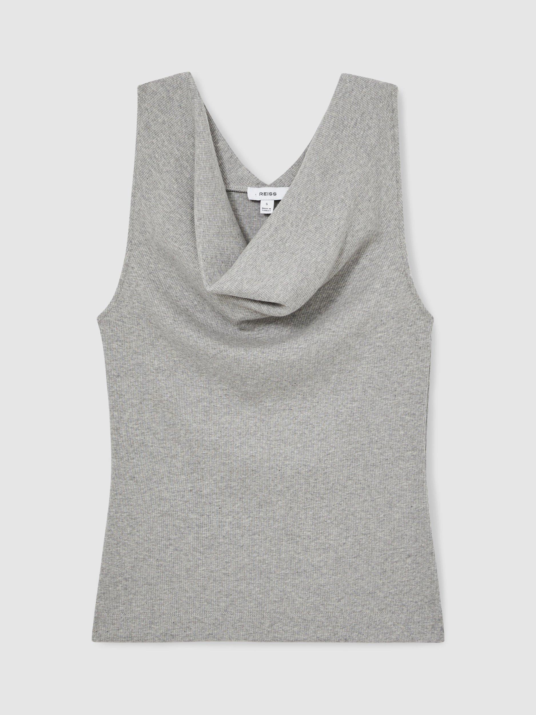 Product image 3 of 5, which shows Reiss Lyra Ribbed Cowl-Neck Vest, Grey Marl, XS