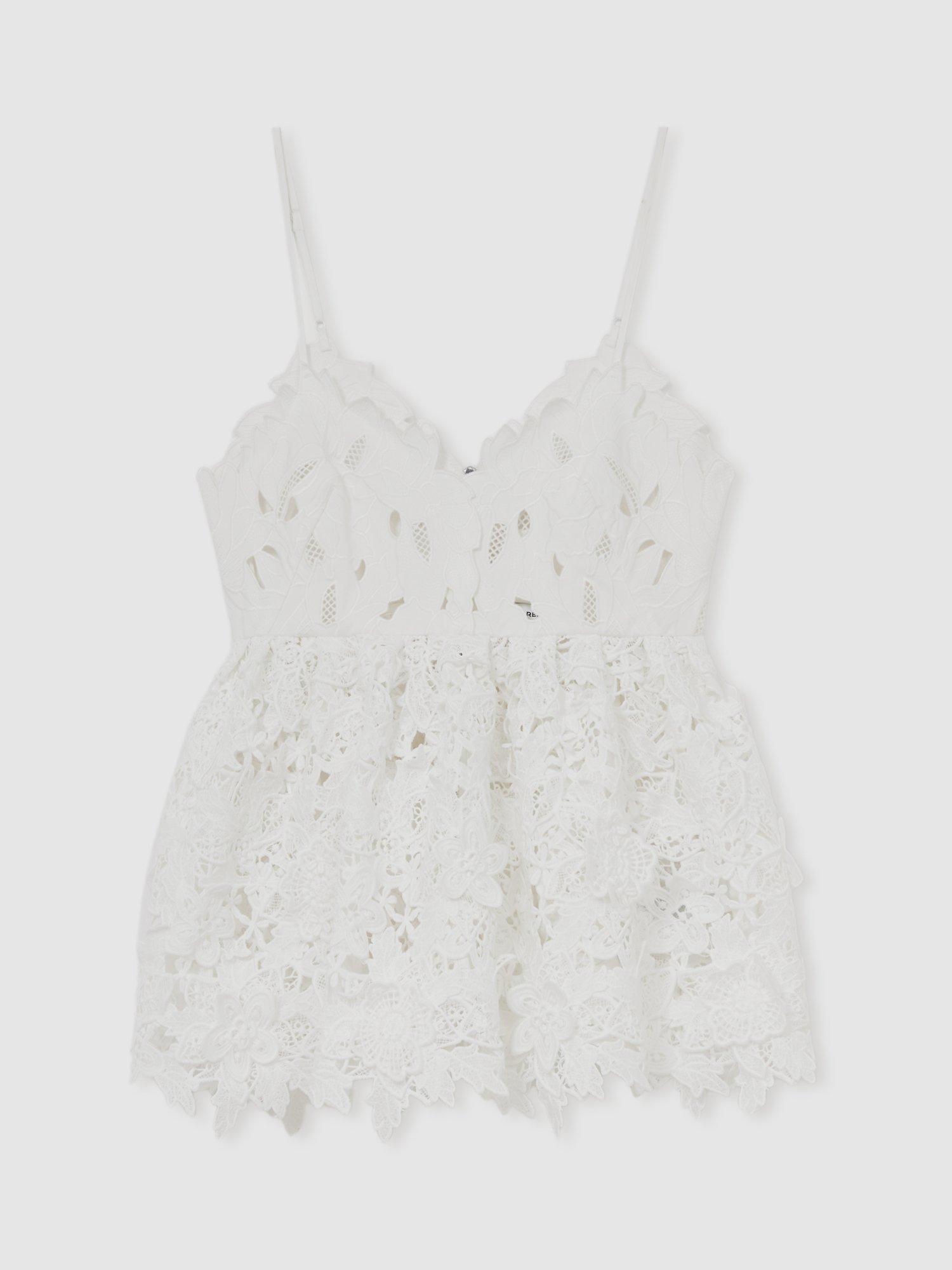 Product image 3 of 5, which shows Reiss Melody Cotton Cut Out Lace Cami Top, Ivory, 8