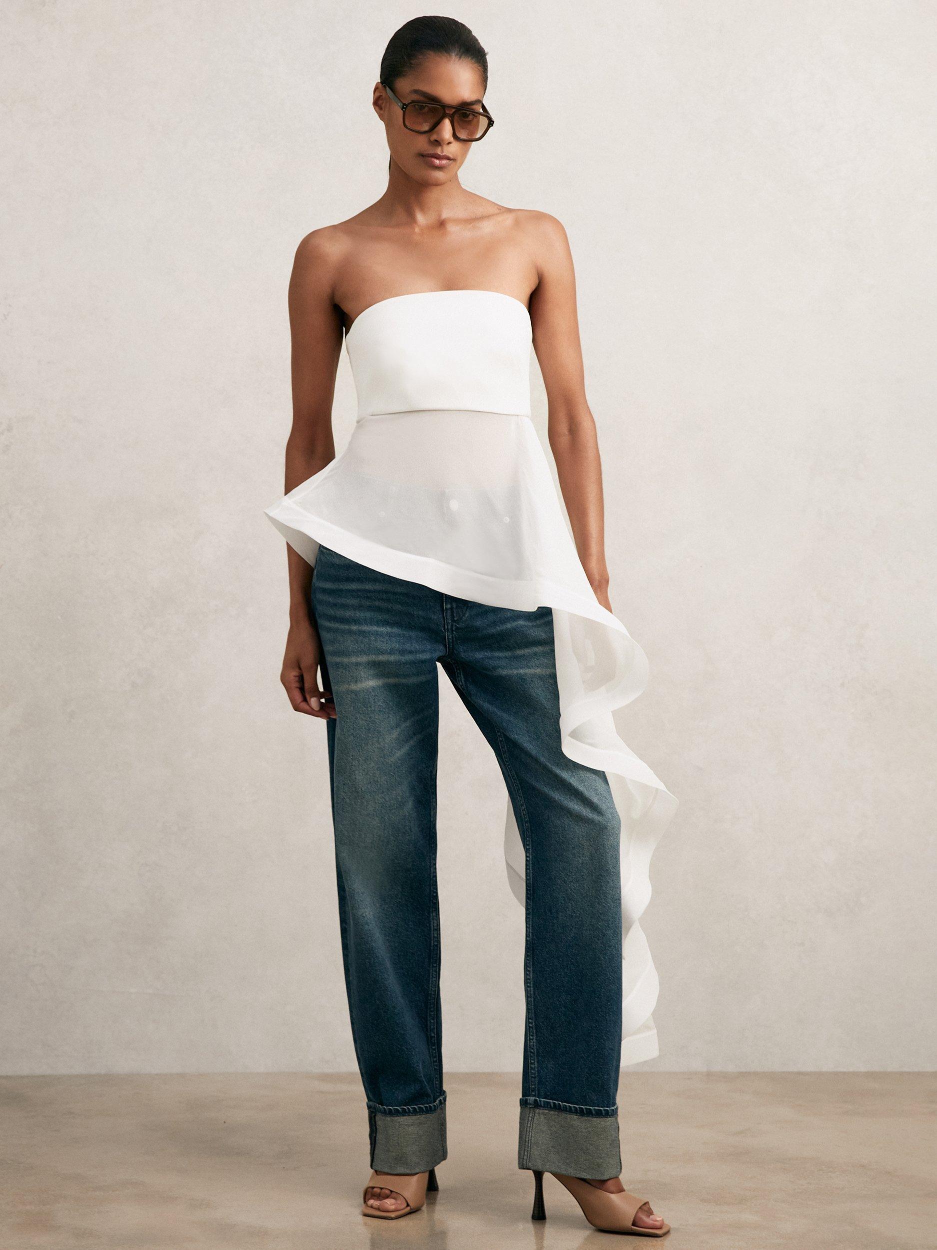 Product image 1 of 5, which shows Reiss Asymmetric Bardot Silk Top, Ivory, 8