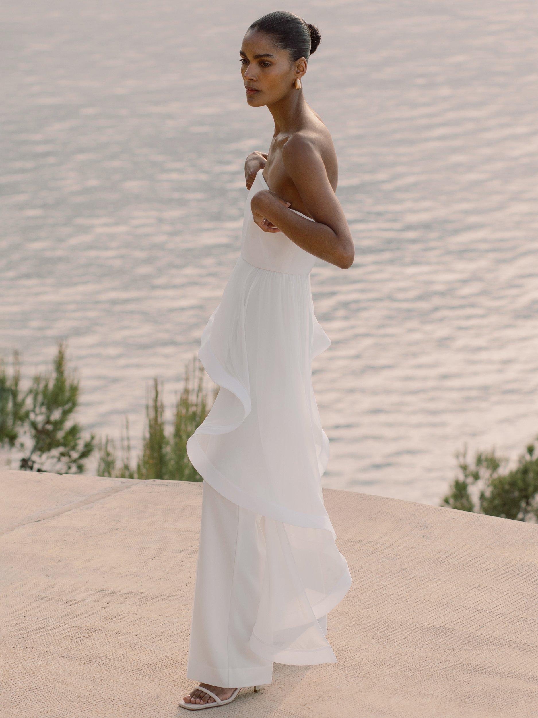 Product image 2 of 5, which shows Reiss Asymmetric Bardot Silk Top, Ivory, 8