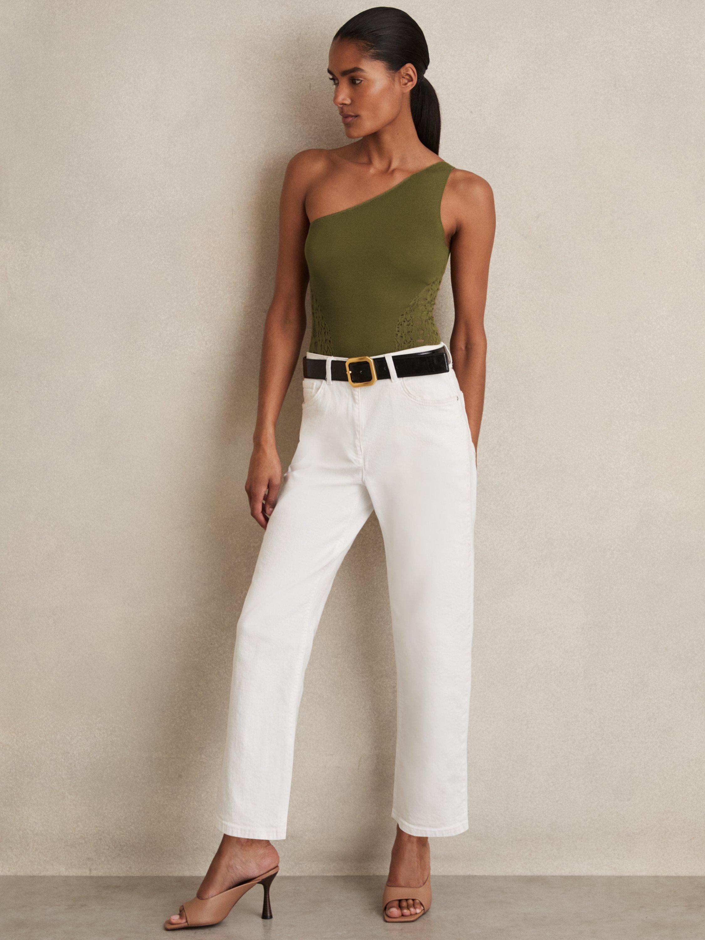 Product image 1 of 5, which shows Reiss Lace Knit Detail One Shoulder Bodysuit, Green, XS