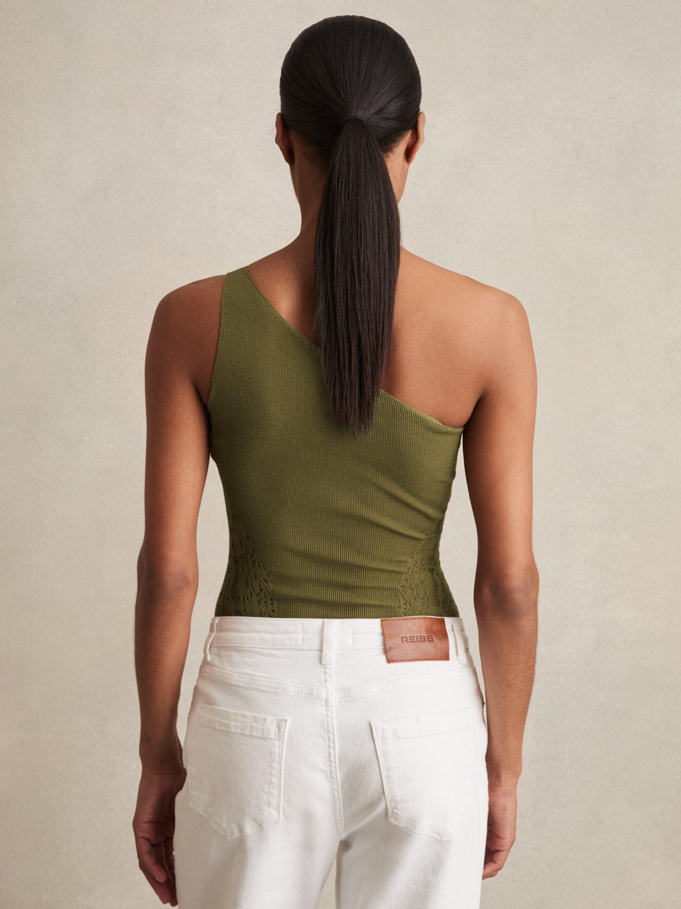 Product image 2 of 5, which shows Reiss Lace Knit Detail One Shoulder Bodysuit, Green, XS