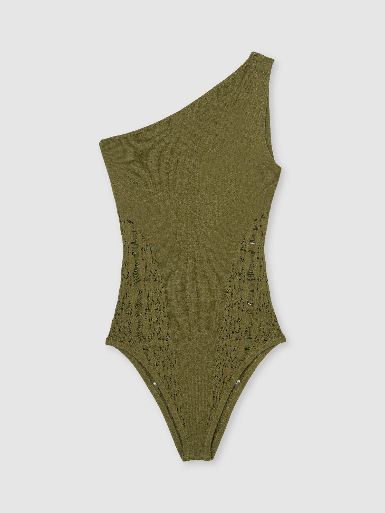 Product image 3 of 5, which shows Reiss Lace Knit Detail One Shoulder Bodysuit, Green, XS
