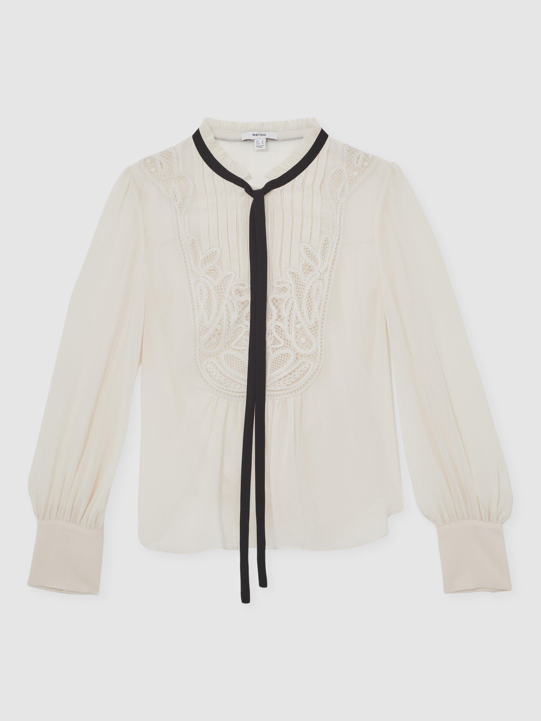 Product image 3 of 5, which shows Reiss Sara Lace Embroidered Long Sleeve Top, Cream, 6