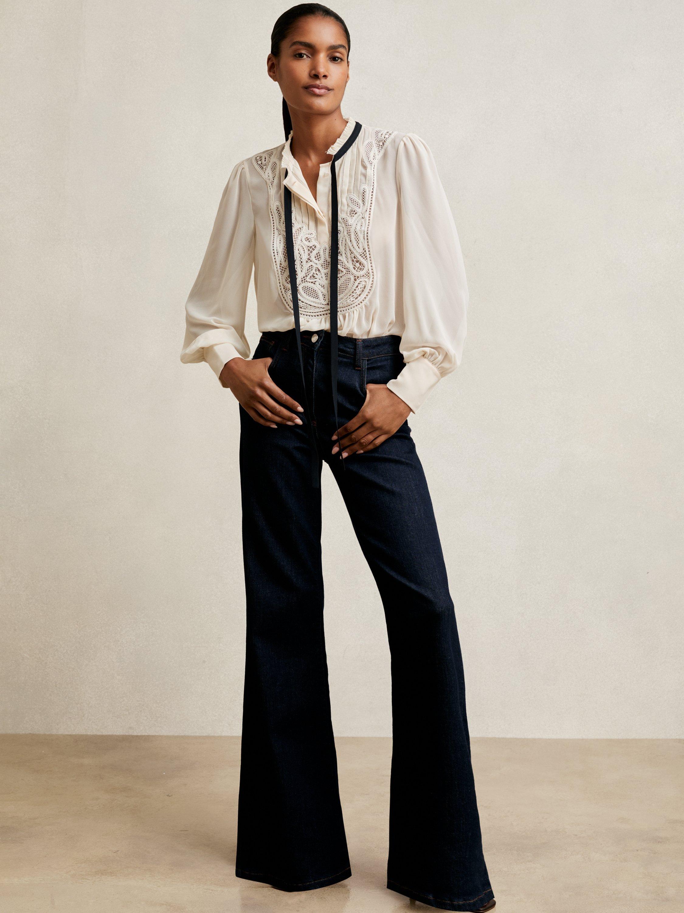 Product image 4 of 5, which shows Reiss Sara Lace Embroidered Long Sleeve Top, Cream, 6