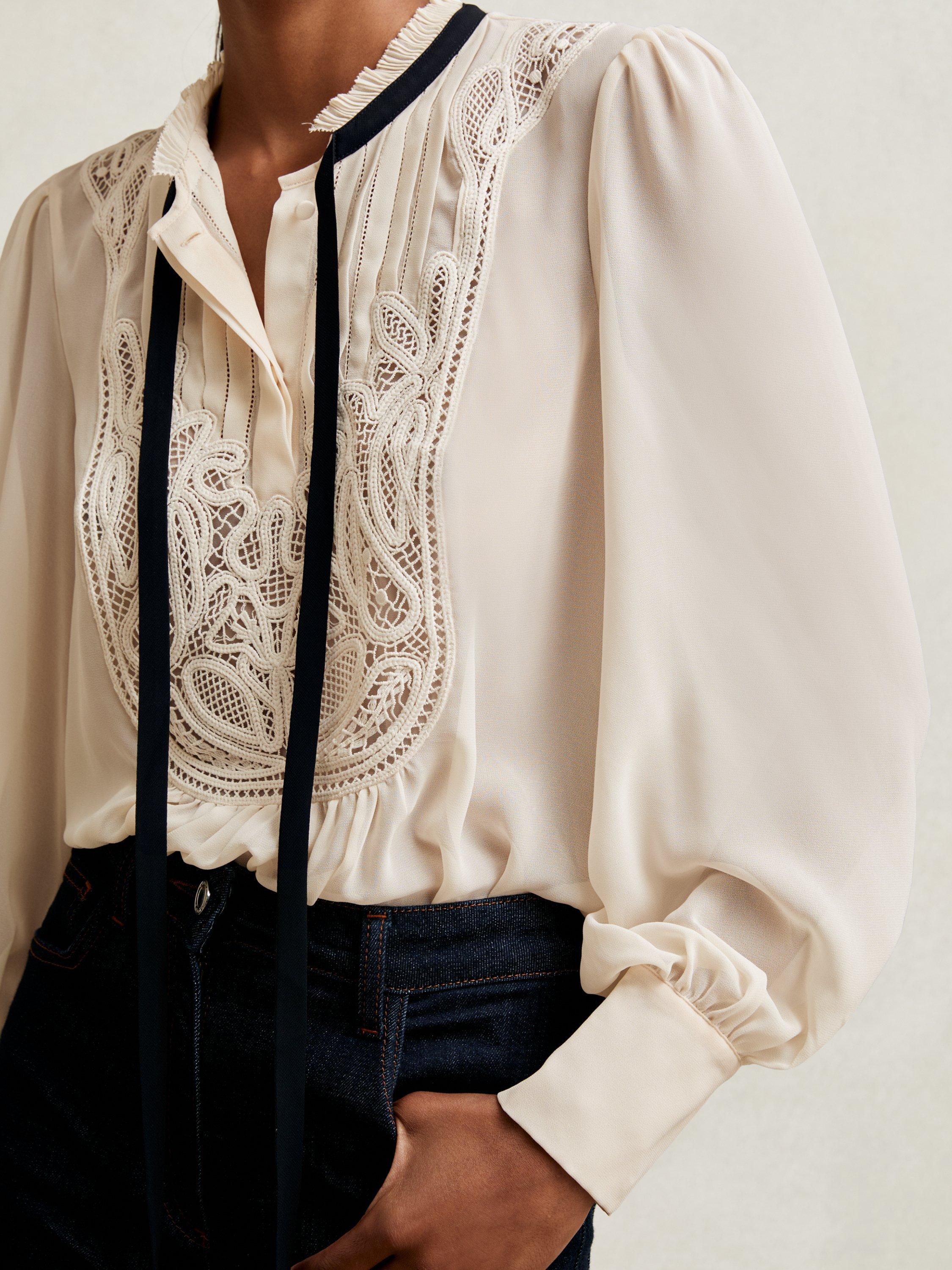 Product image 5 of 5, which shows Reiss Sara Lace Embroidered Long Sleeve Top, Cream, 6