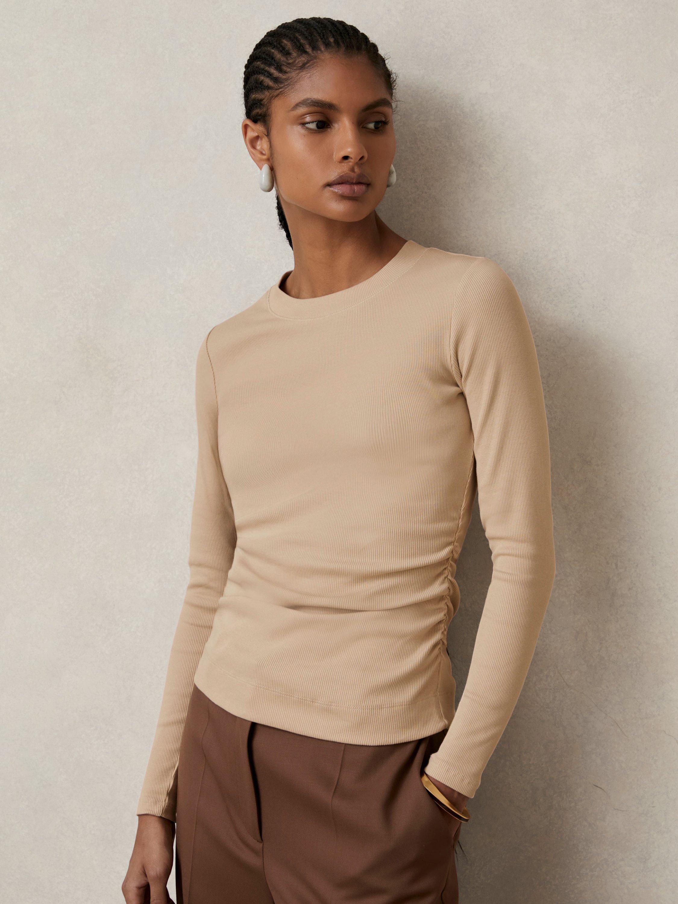 Product image 1 of 5, which shows Reiss Tessa Ribbed Long Sleeve Top, Camel, XS