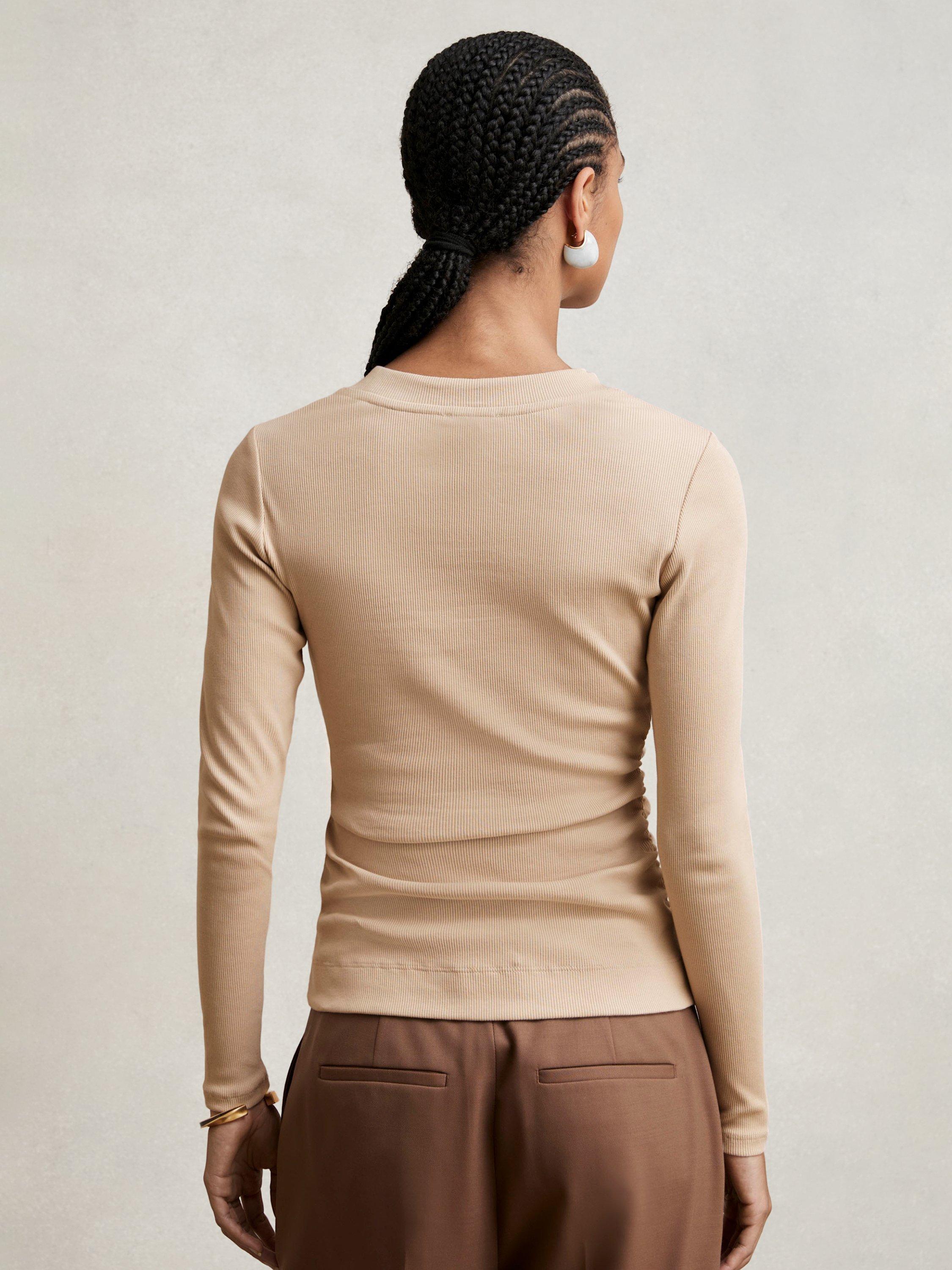Product image 2 of 5, which shows Reiss Tessa Ribbed Long Sleeve Top, Camel, XS