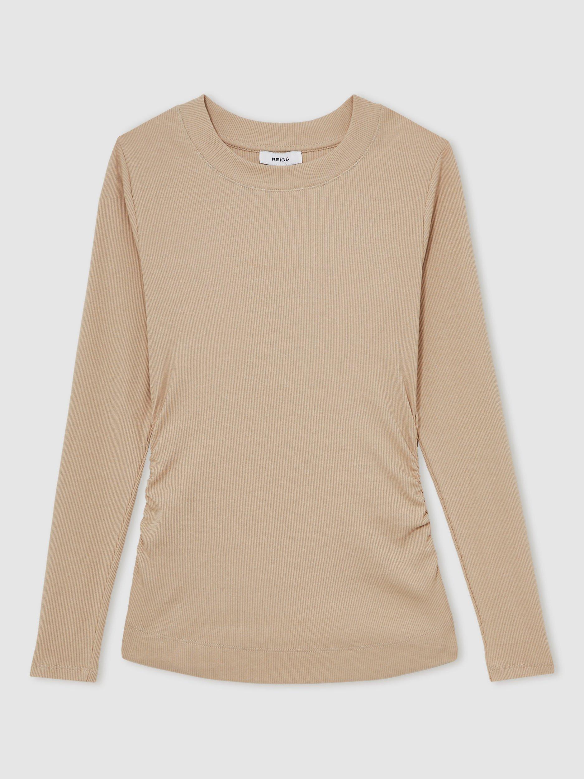 Product image 3 of 5, which shows Reiss Tessa Ribbed Long Sleeve Top, Camel, XS