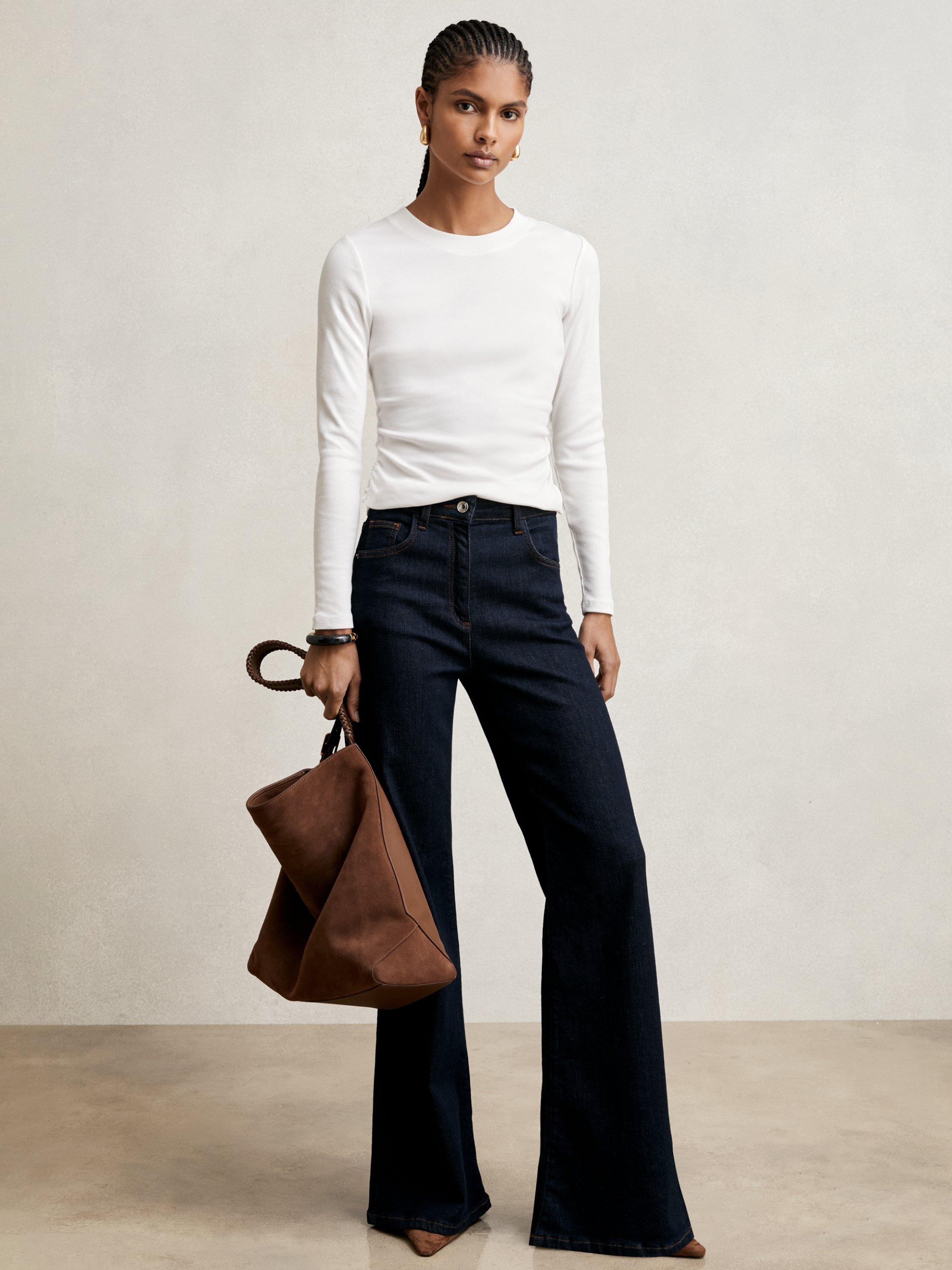 Product image 1 of 5, which shows Reiss Tessa Ribbed Long Sleeve Top, White, XS