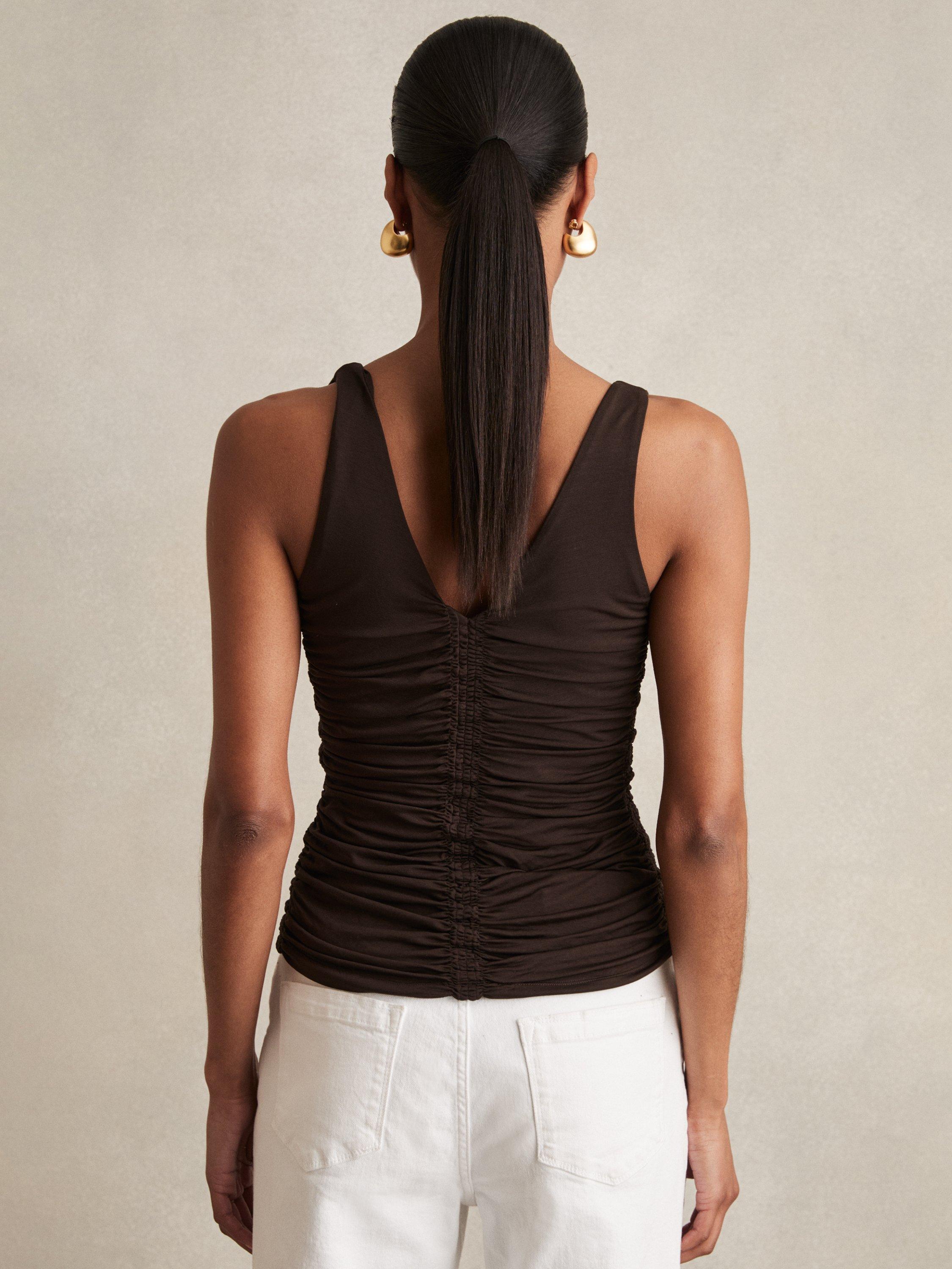 Product image 2 of 5, which shows Reiss Vinny Stretch Lyocell Jersey Ruched Vest, Chocolate Brown, 6