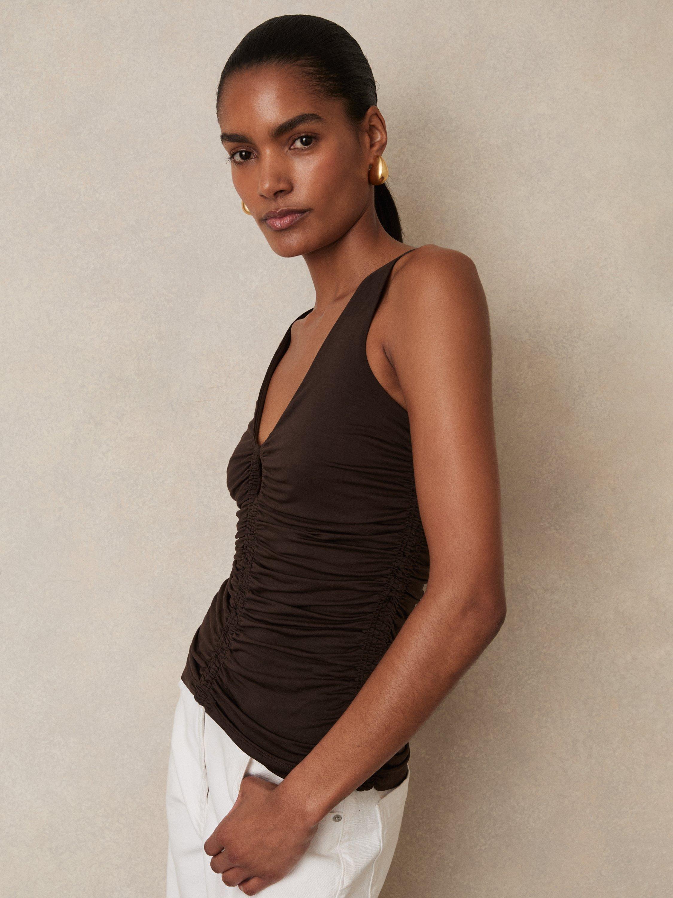 Product image 5 of 5, which shows Reiss Vinny Stretch Lyocell Jersey Ruched Vest, Chocolate Brown, 6