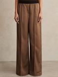 Reiss Petite Elsie Satin Elasticated Waist Wide Leg Trousers, Taupe Neutral