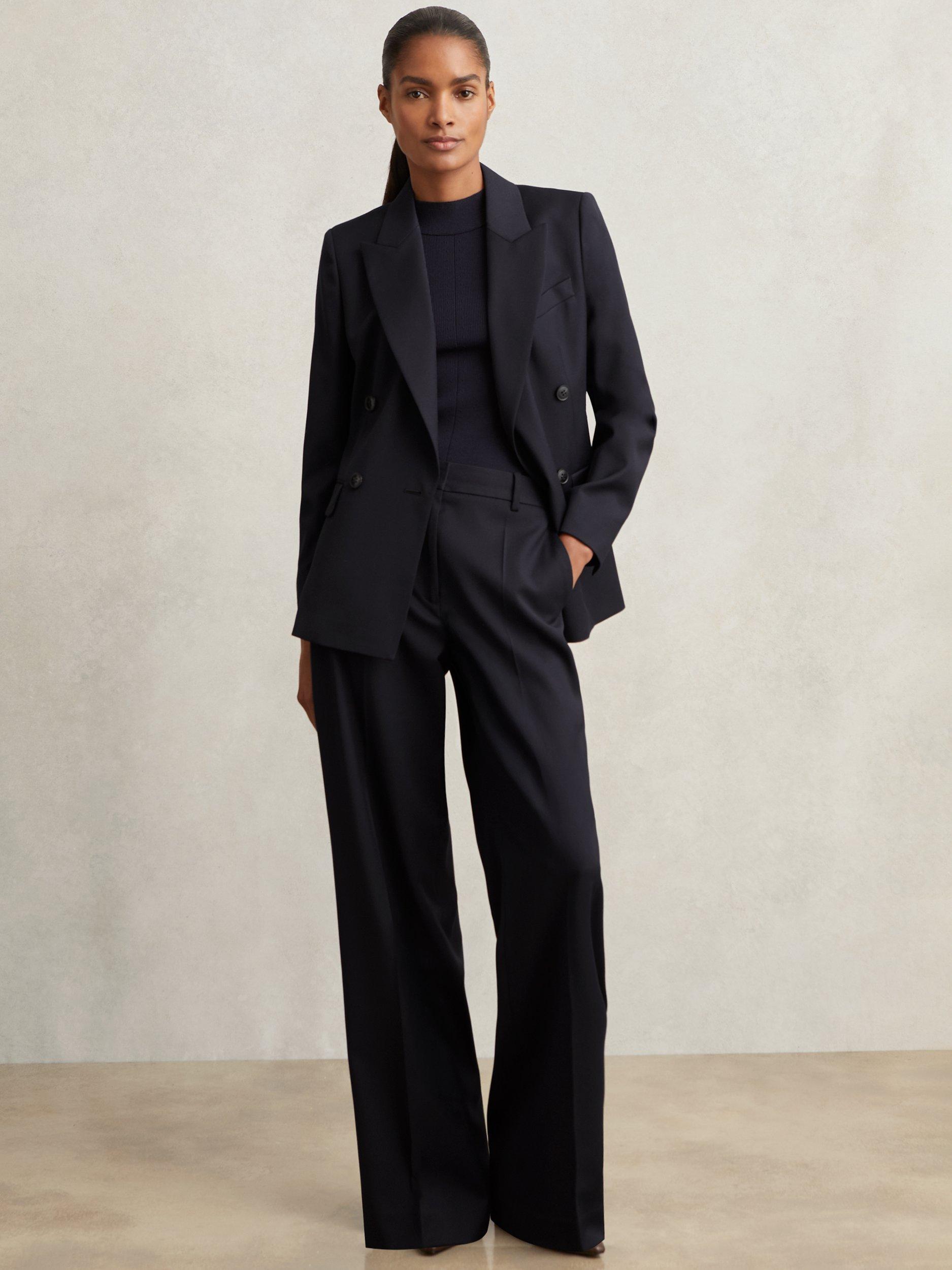 Product image 1 of 5, which shows Reiss Petite Haisley Wool-Blend Tailored Flared Suit Trousers, Navy, 6Pt