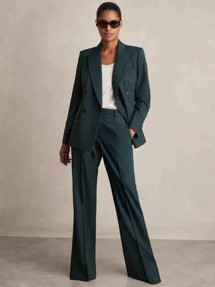 Reiss Petite Jade Wool-Blend Wide-Leg Suit Trousers, Green - view 2, Green
