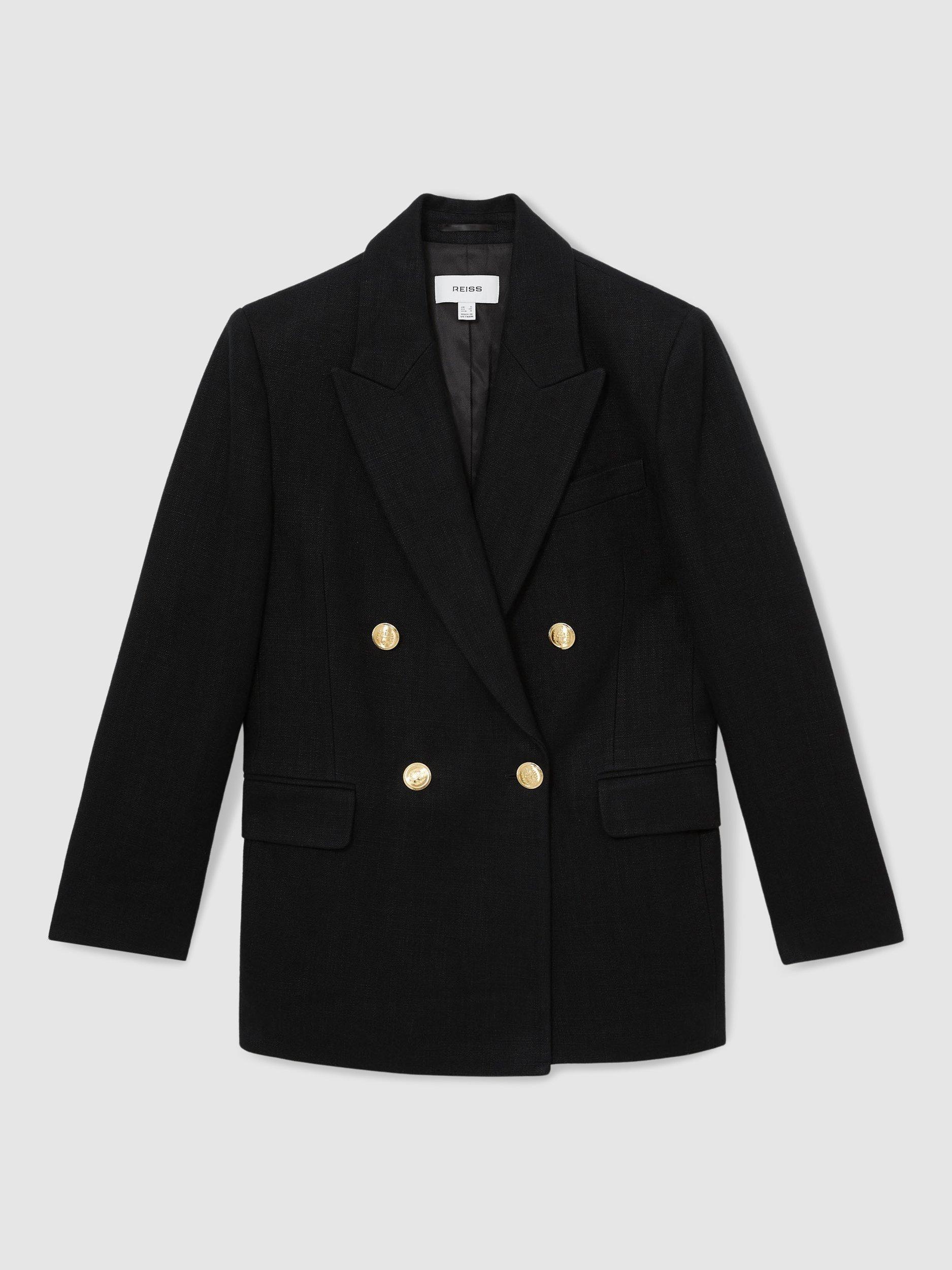 Product image 3 of 5, which shows Reiss Eden Oversized Double-Breasted Linen Blend Blazer, Black, 6