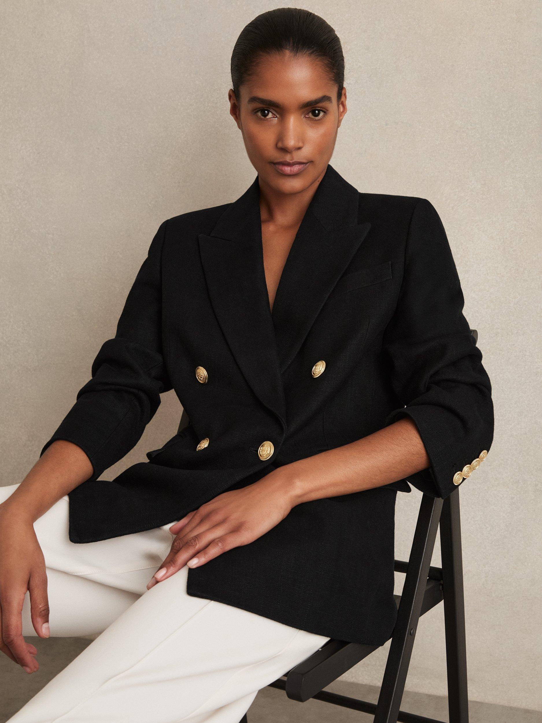 Product image 4 of 5, which shows Reiss Eden Oversized Double-Breasted Linen Blend Blazer, Black, 6