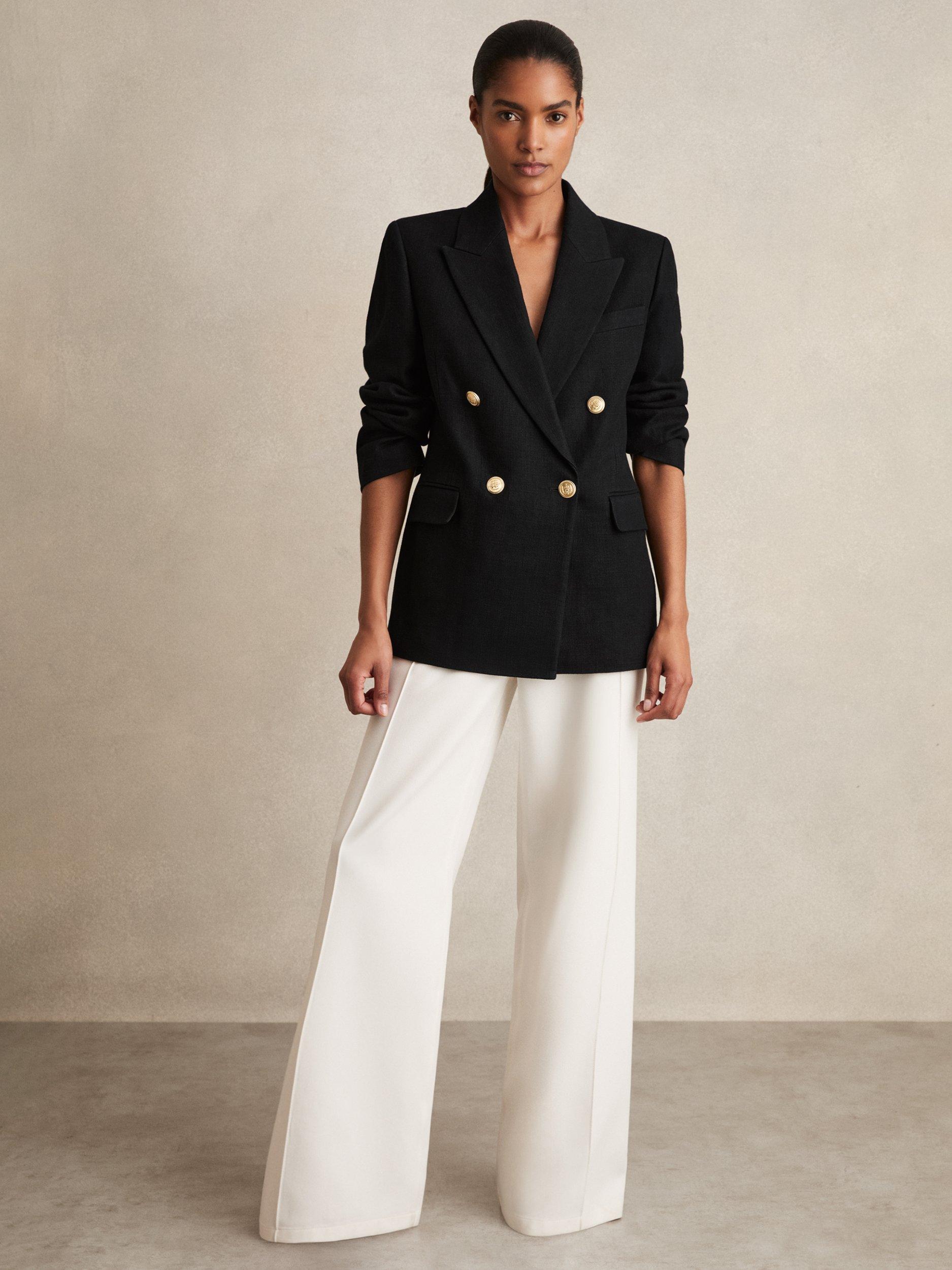 Product image 4 of 5, which shows Reiss Petite Eden Double Breasted Linen Blend Blazer, Black, 8Pt