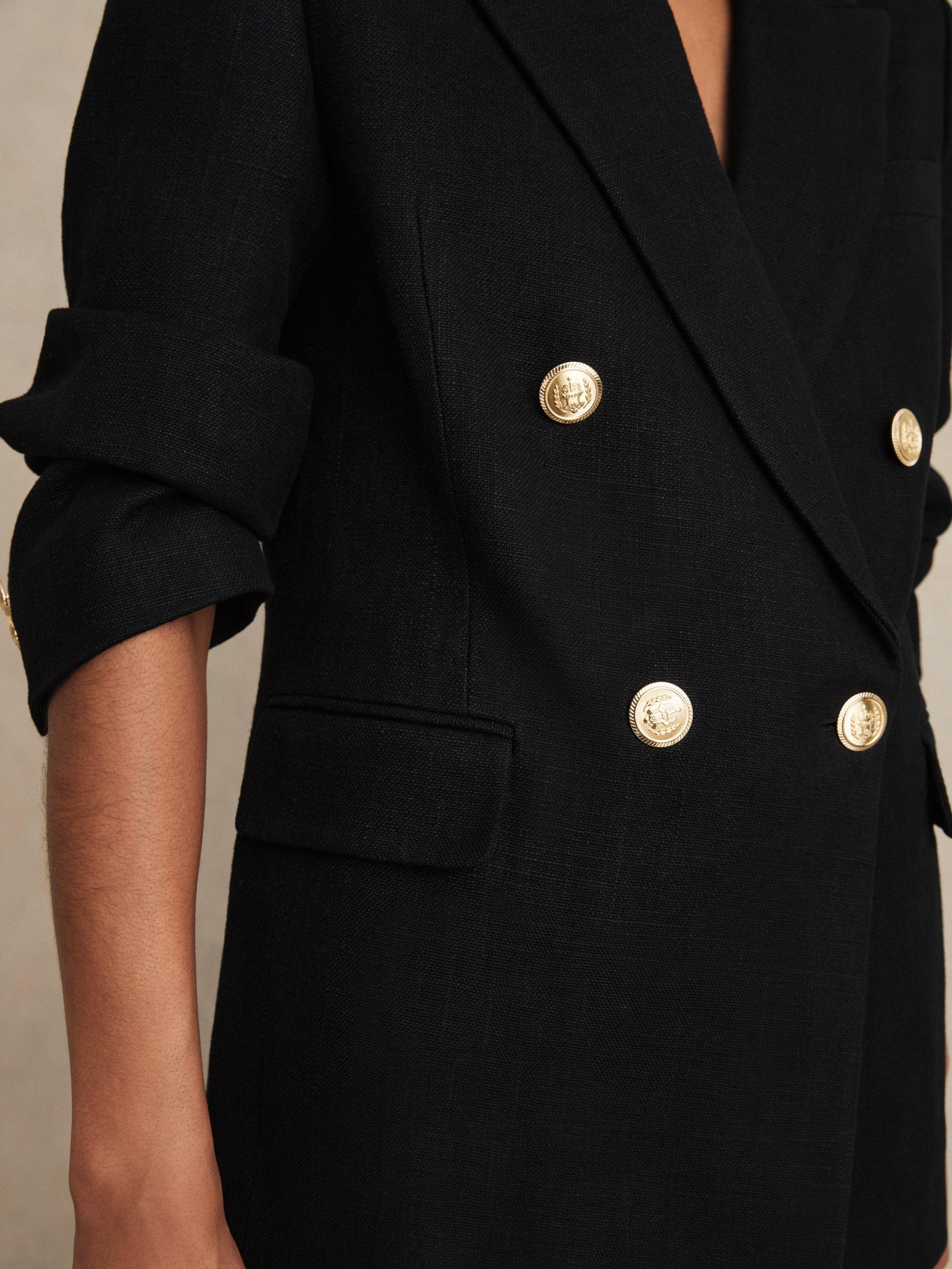 Product image 5 of 5, which shows Reiss Petite Eden Double Breasted Linen Blend Blazer, Black, 8Pt