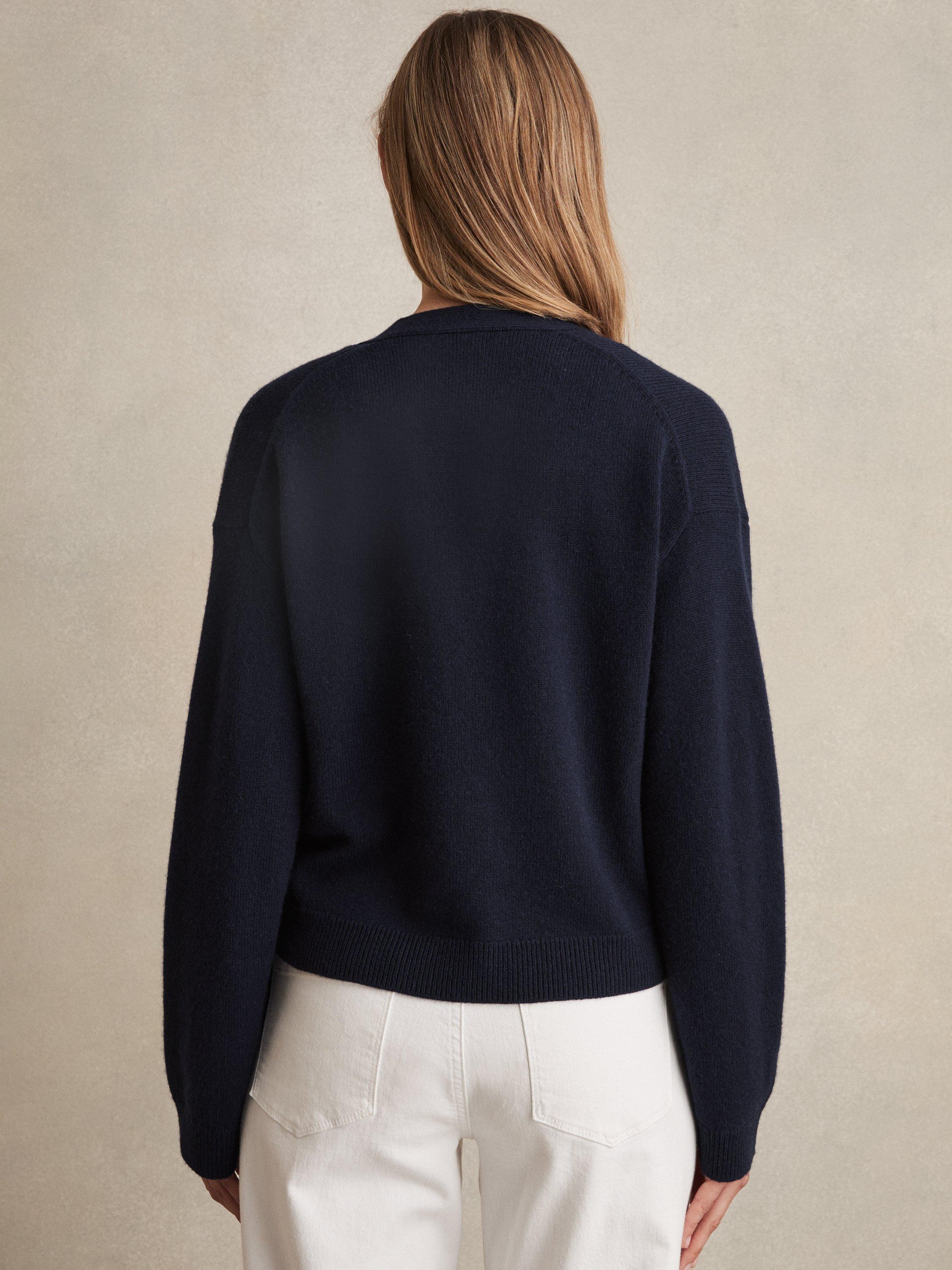 Product image 2 of 5, which shows Reiss Mila Button Detail Wool Rich Cardigan, Navy, XS