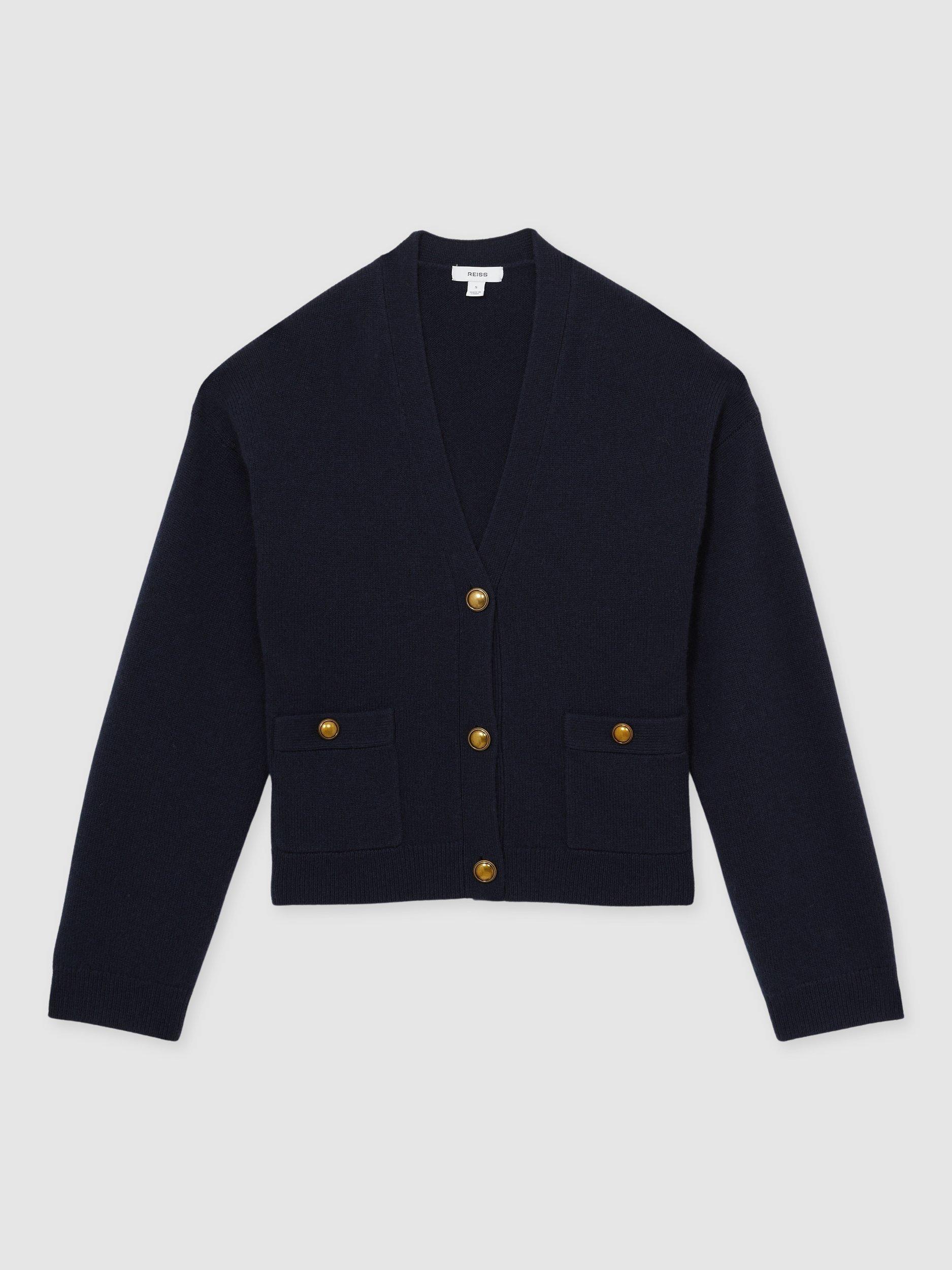 Product image 3 of 5, which shows Reiss Mila Button Detail Wool Rich Cardigan, Navy, XS
