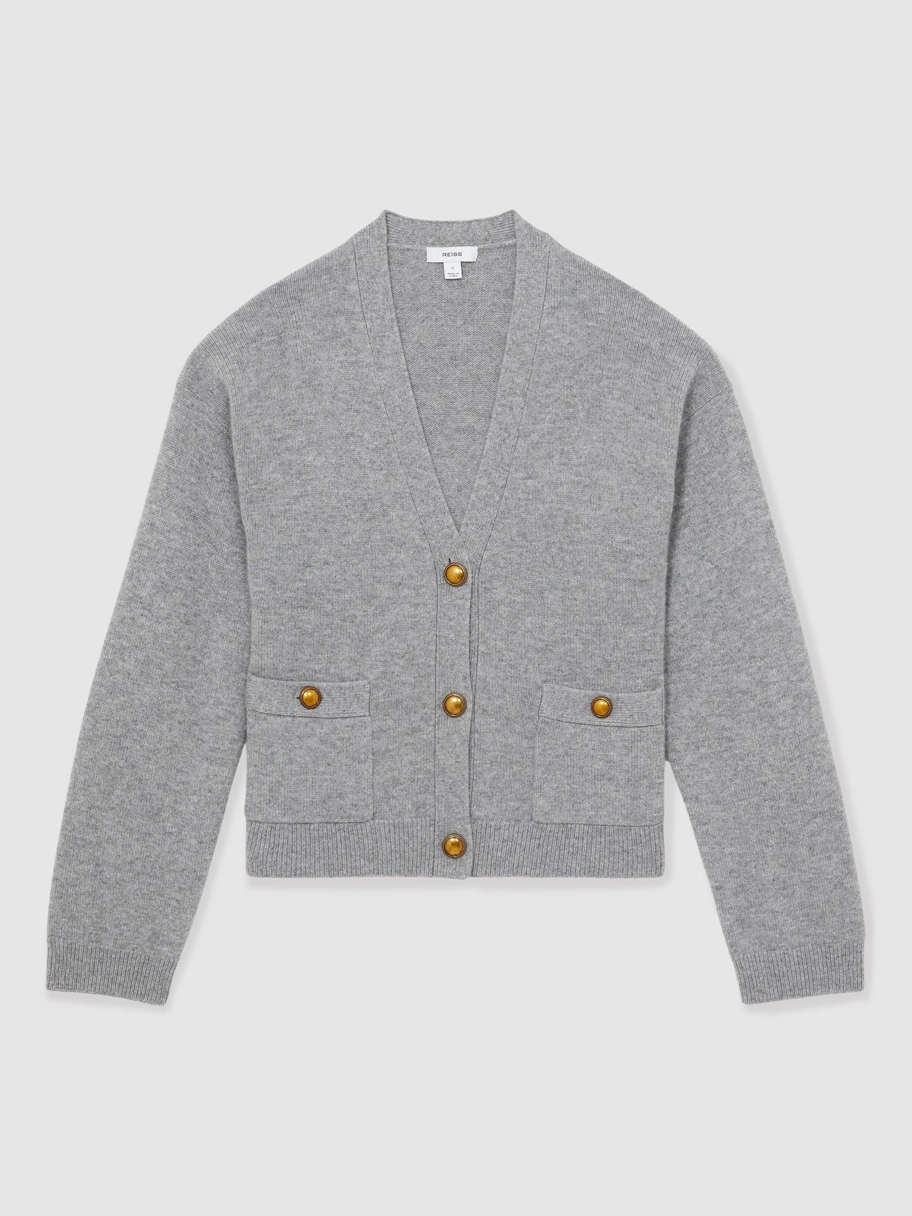 Product image 3 of 5, which shows Reiss Mila Button Detail Wool Rich Cardigan, Silver Grey, XS