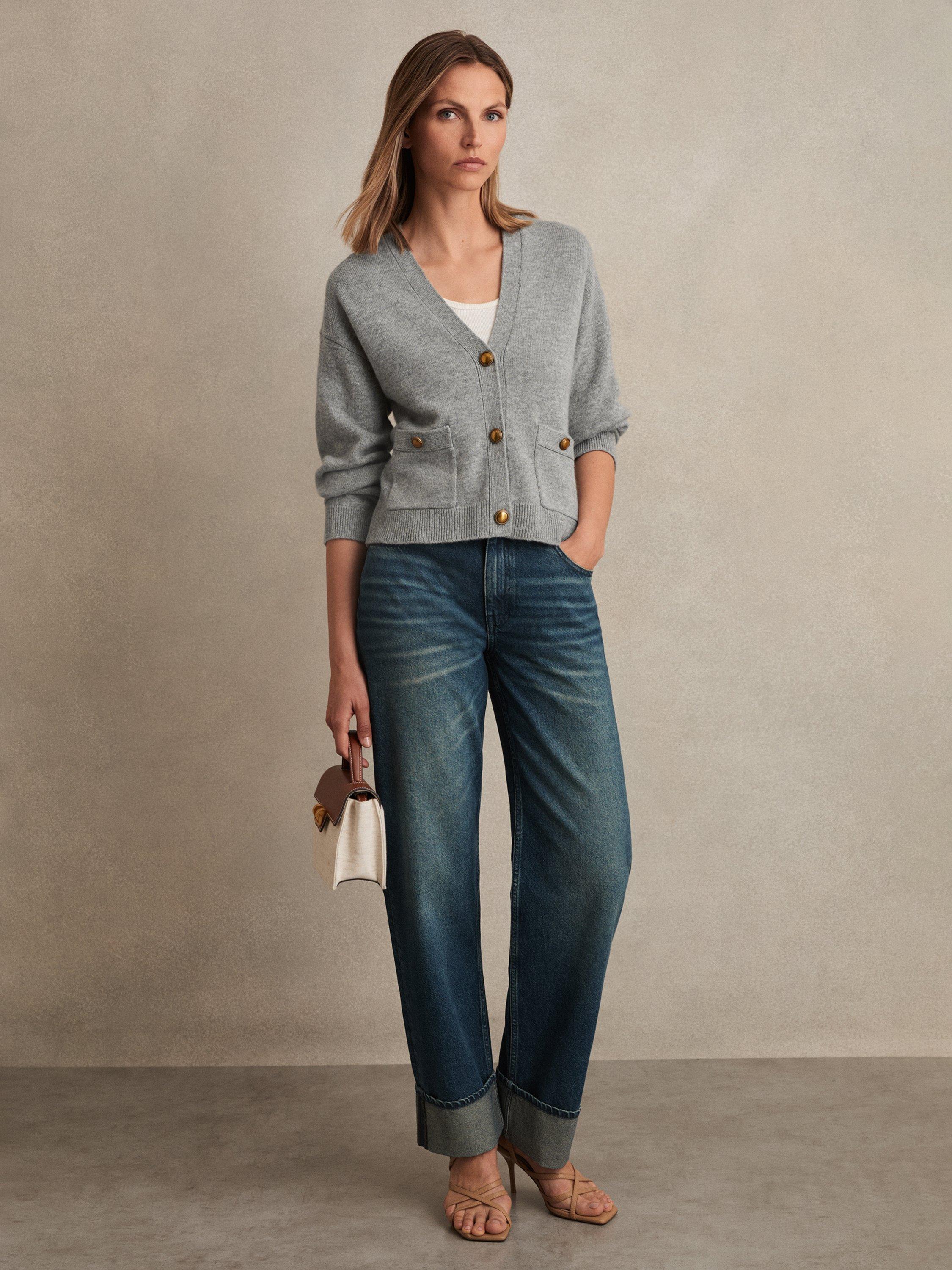 Product image 4 of 5, which shows Reiss Mila Button Detail Wool Rich Cardigan, Silver Grey, XS